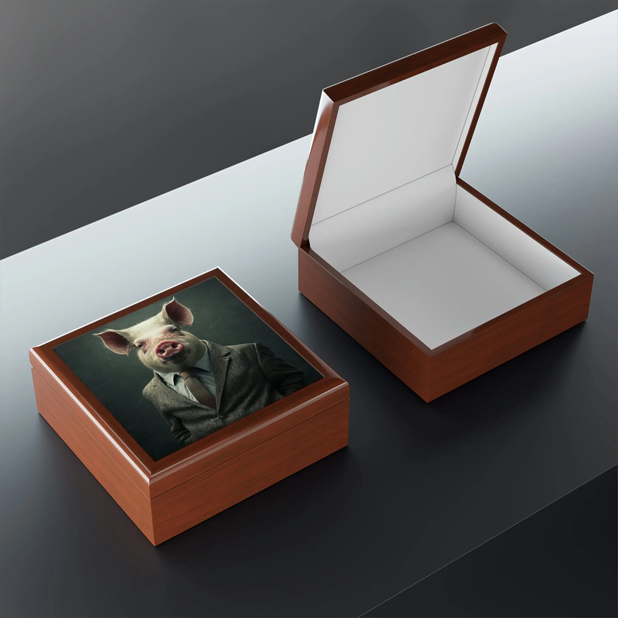 Mr. Pig Wooden Keepsake Jewelry Box with Ceramic Tile Cover