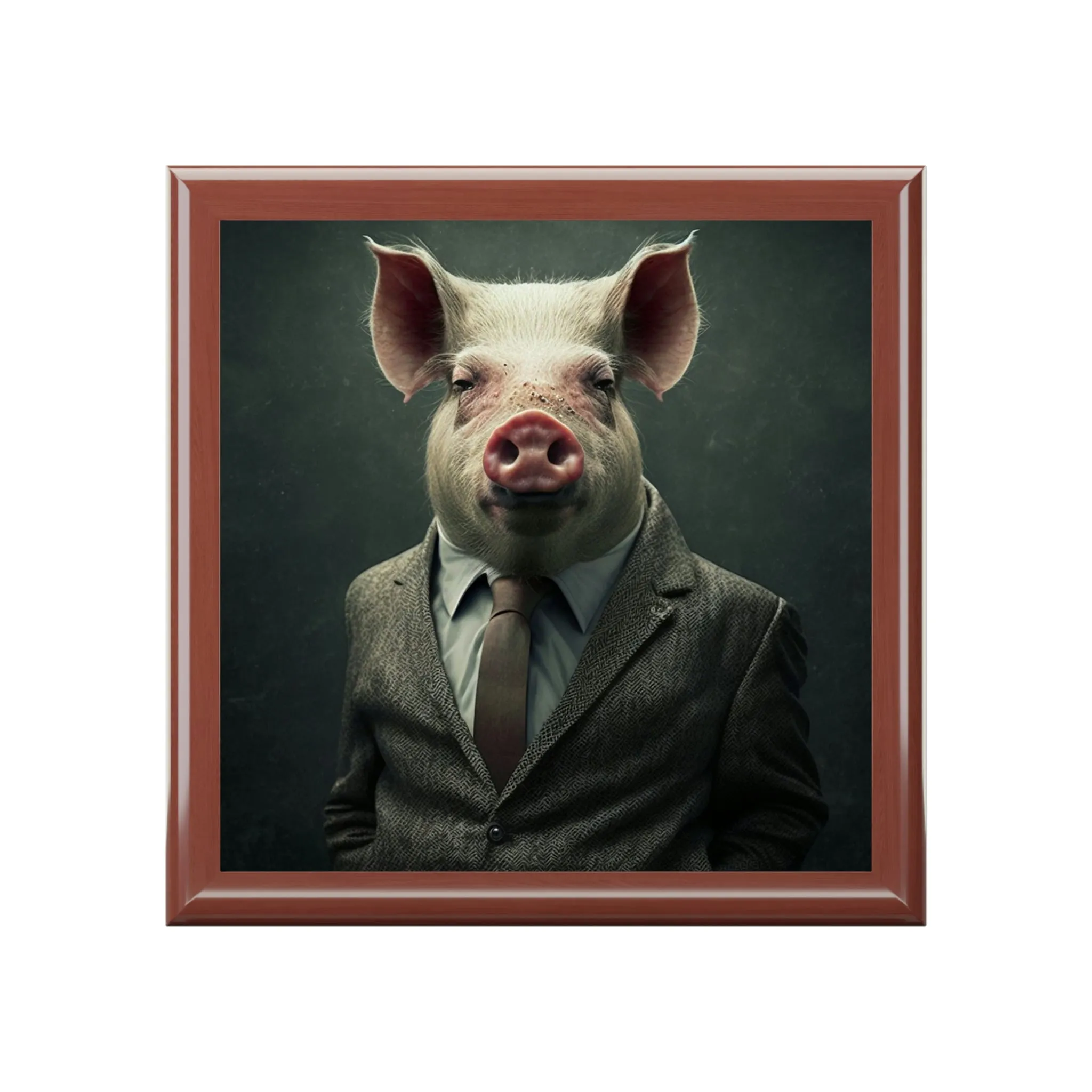 Mr. Pig Wooden Keepsake Jewelry Box with Ceramic Tile Cover