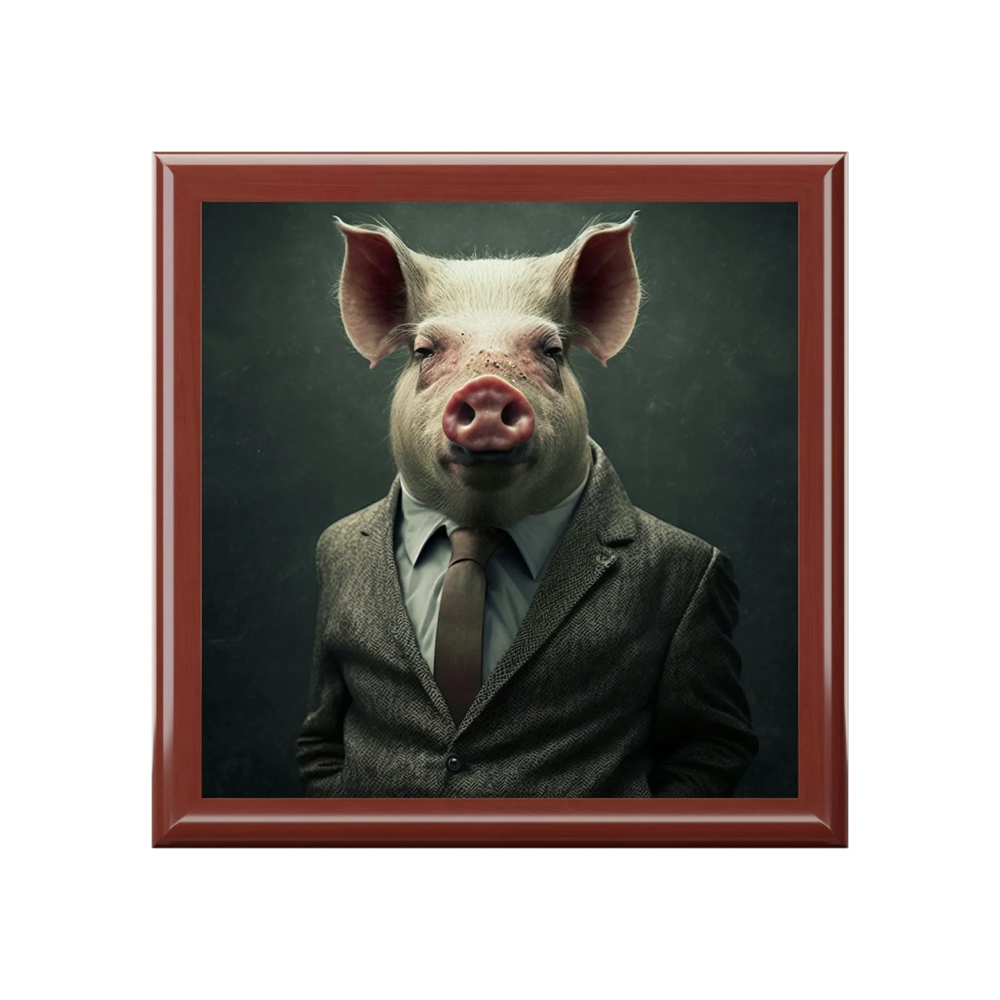 Mr. Pig Wooden Keepsake Jewelry Box with Ceramic Tile Cover