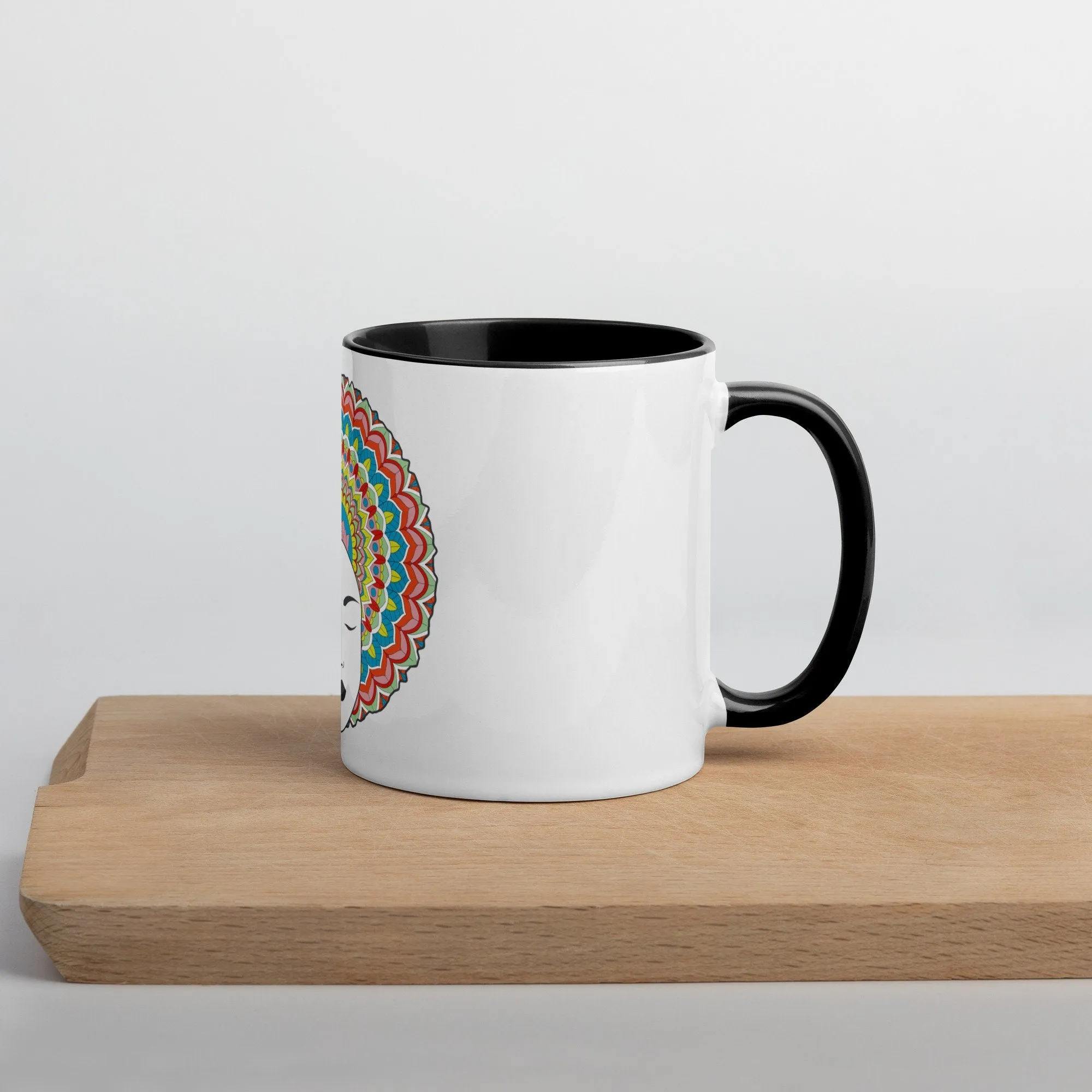 Mug with Color Inside - Rainbow Afro woman with matching Mandalas within her hair Drink your favorite coffee or tea just add sugar or honey