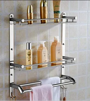 Oslen Stainless Steel Double Layer Chrome Finish Multipurpose Wall Mount Bath Kitchen Bathroom Accessories Rack Shelf, Silver, Set of 1
