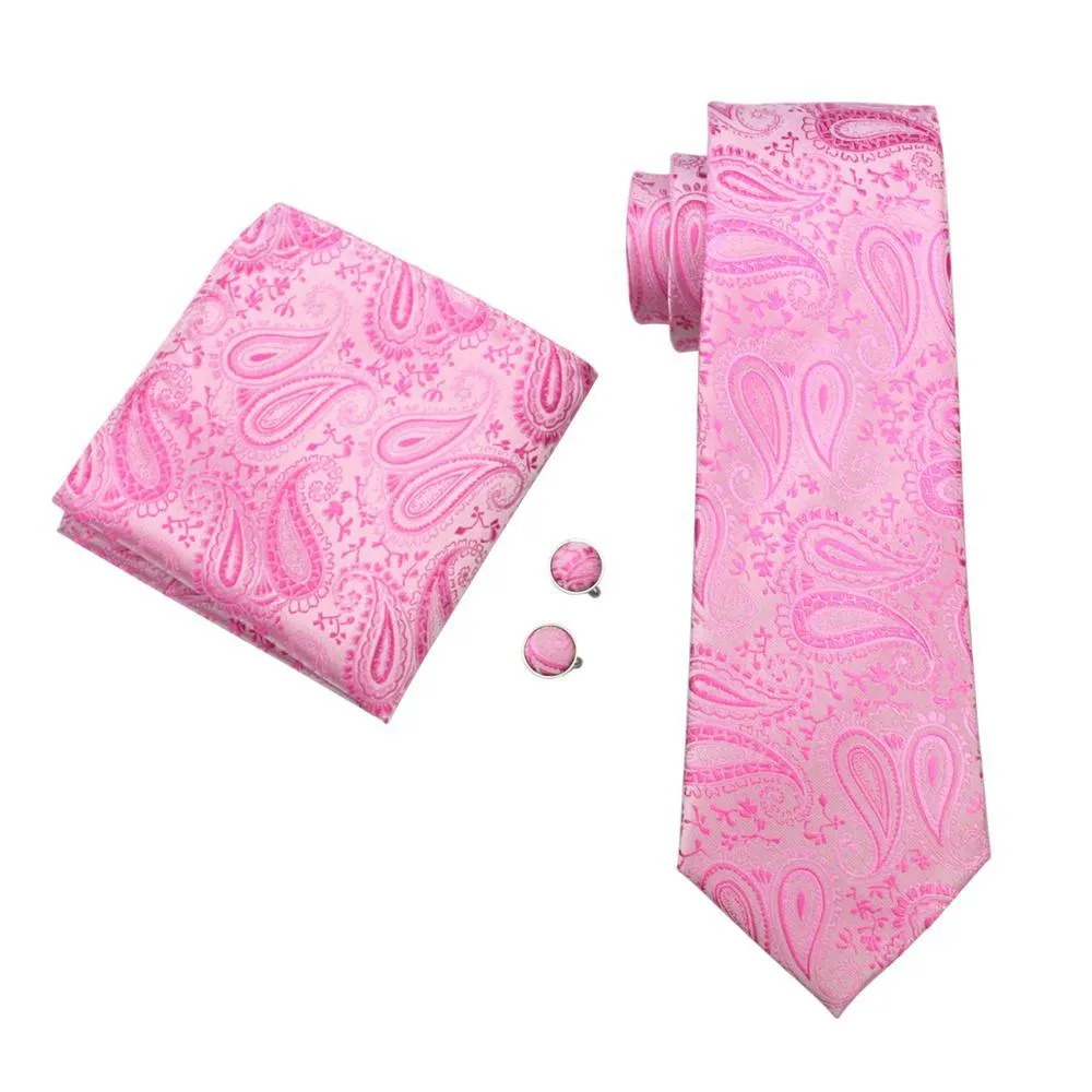 Pink Paisley Plaid Tie Pocket Square Cufflinks Gift Box Set