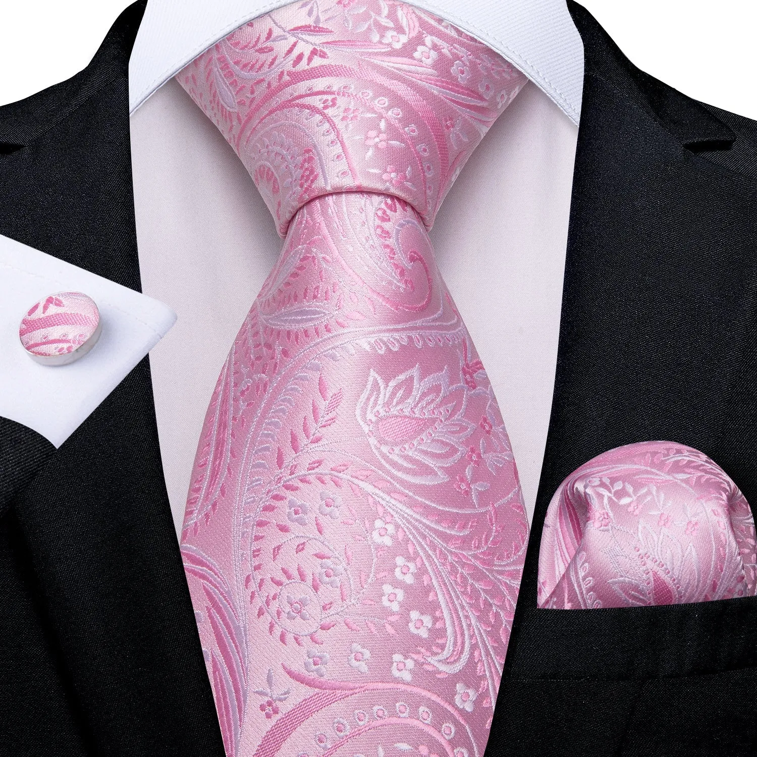 Pink Paisley Plaid Tie Pocket Square Cufflinks Gift Box Set