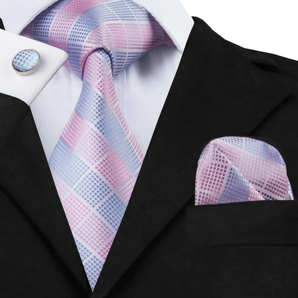 Pink Paisley Plaid Tie Pocket Square Cufflinks Gift Box Set