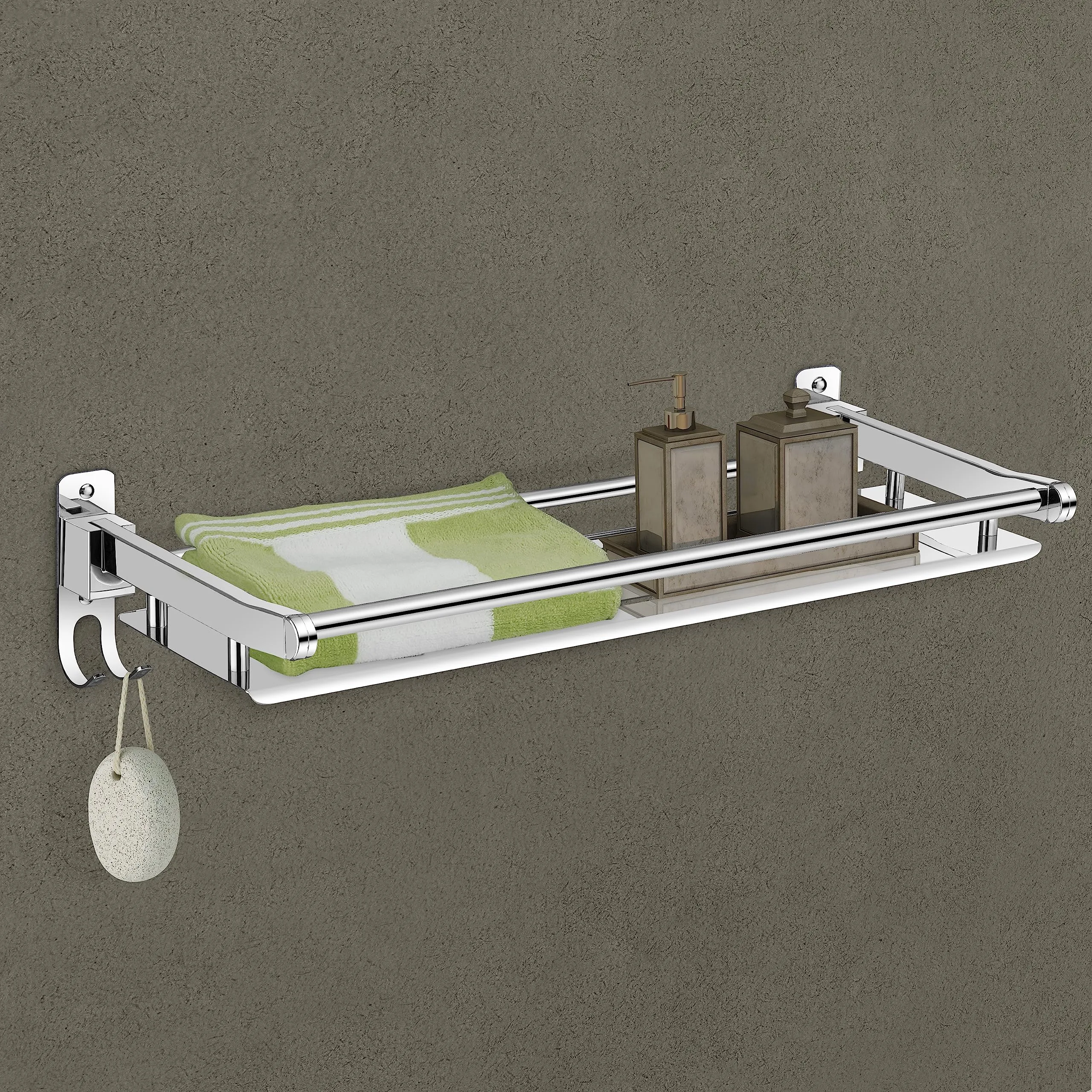 Plantex Elegant Stainless Steel Multipurpose Folding Bathroom Shelf/Towel Rack with Towel Hooks/Bathroom Accessories - Wall Mount (Chrome)