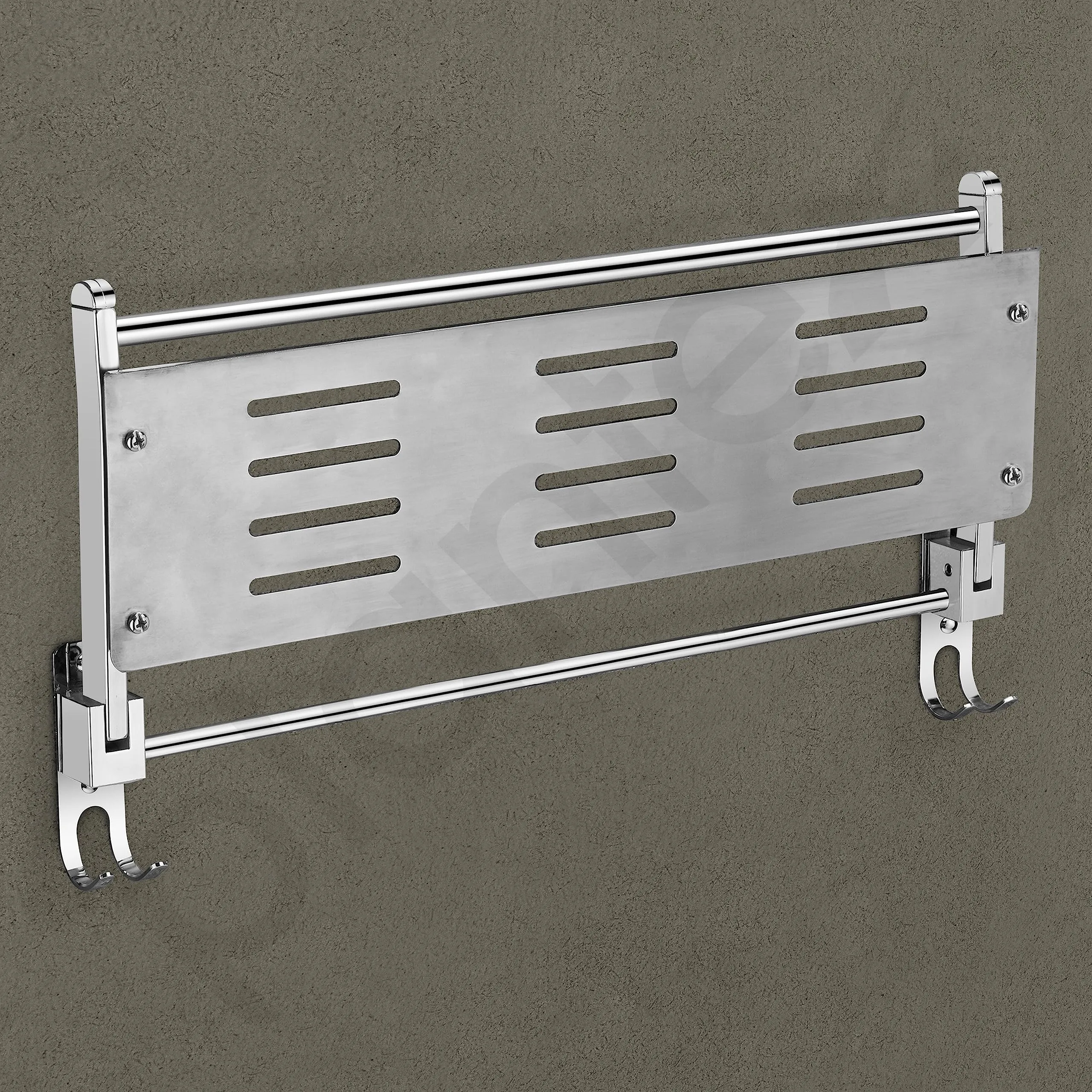 Plantex Elegant Stainless Steel Multipurpose Folding Bathroom Shelf/Towel Rack with Towel Hooks/Bathroom Accessories - Wall Mount (Chrome)