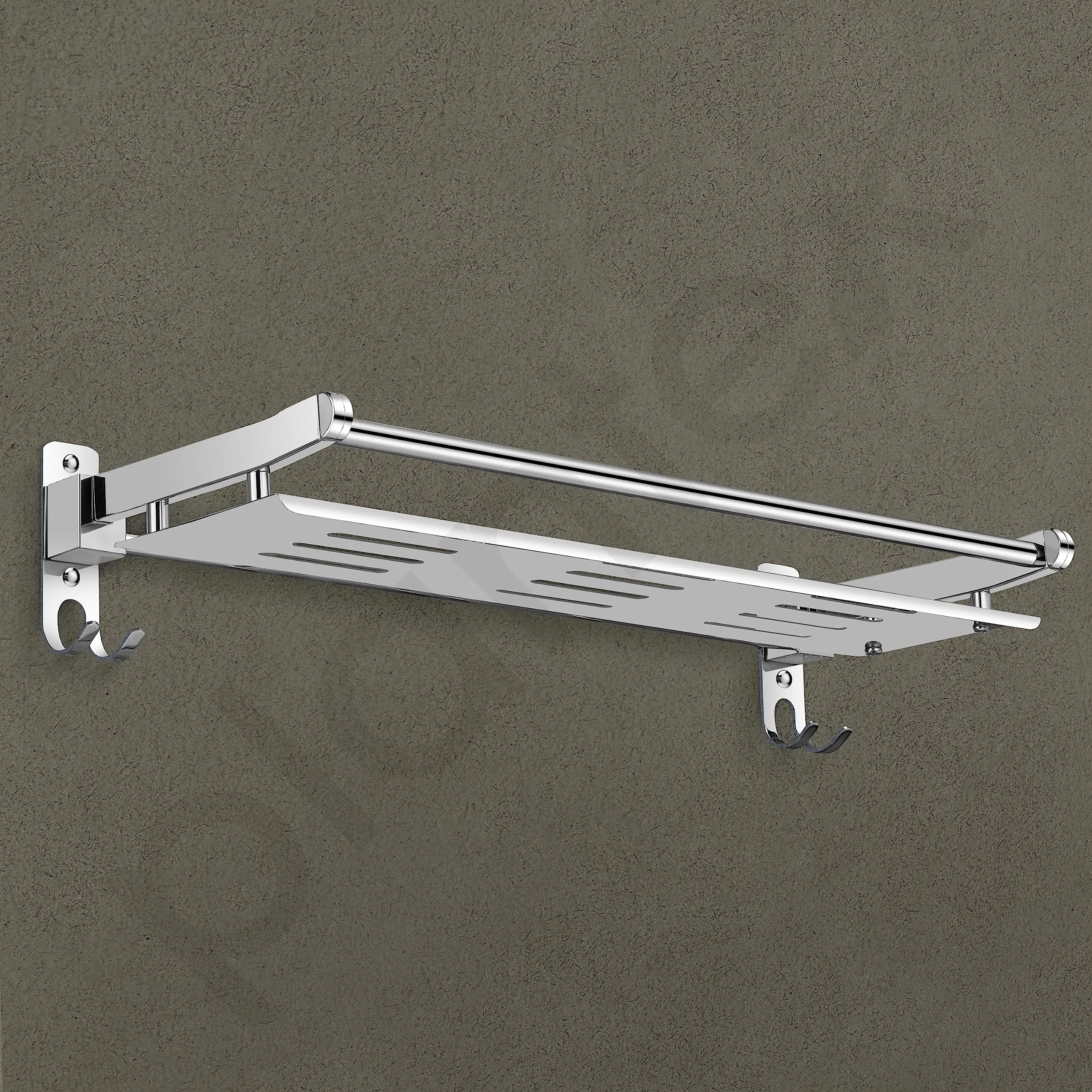 Plantex Elegant Stainless Steel Multipurpose Folding Bathroom Shelf/Towel Rack with Towel Hooks/Bathroom Accessories - Wall Mount (Chrome)
