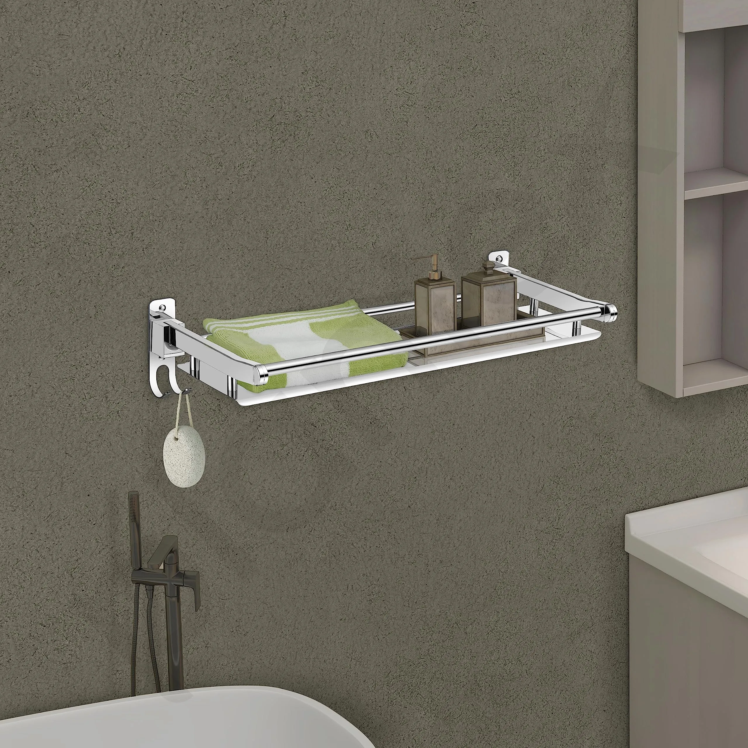 Plantex Elegant Stainless Steel Multipurpose Folding Bathroom Shelf/Towel Rack with Towel Hooks/Bathroom Accessories - Wall Mount (Chrome)