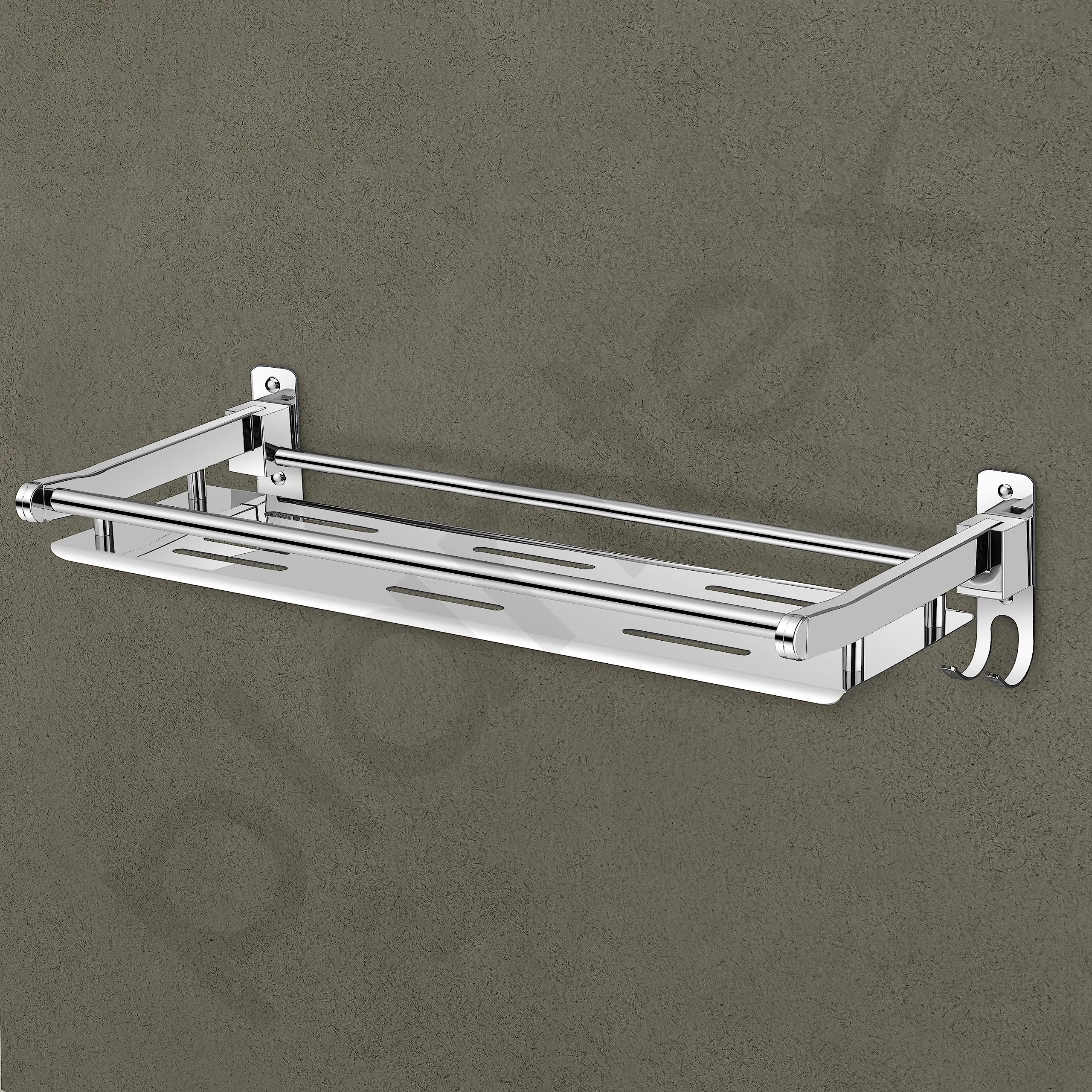 Plantex Elegant Stainless Steel Multipurpose Folding Bathroom Shelf/Towel Rack with Towel Hooks/Bathroom Accessories - Wall Mount (Chrome)