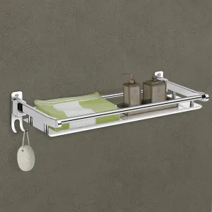 Plantex Elegant Stainless Steel Multipurpose Folding Bathroom Shelf/Towel Rack with Towel Hooks/Bathroom Accessories - Wall Mount (Chrome)