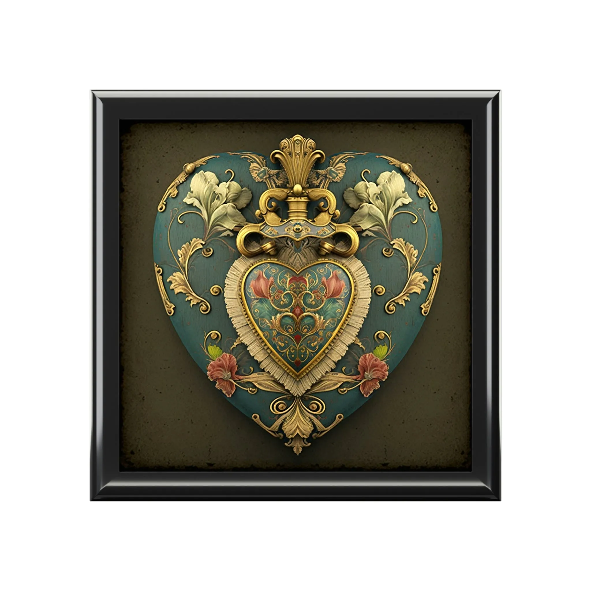 Royal Antique Heirloom Heart Wood Keepsake Jewelry Box with Ceramic Tile Cover