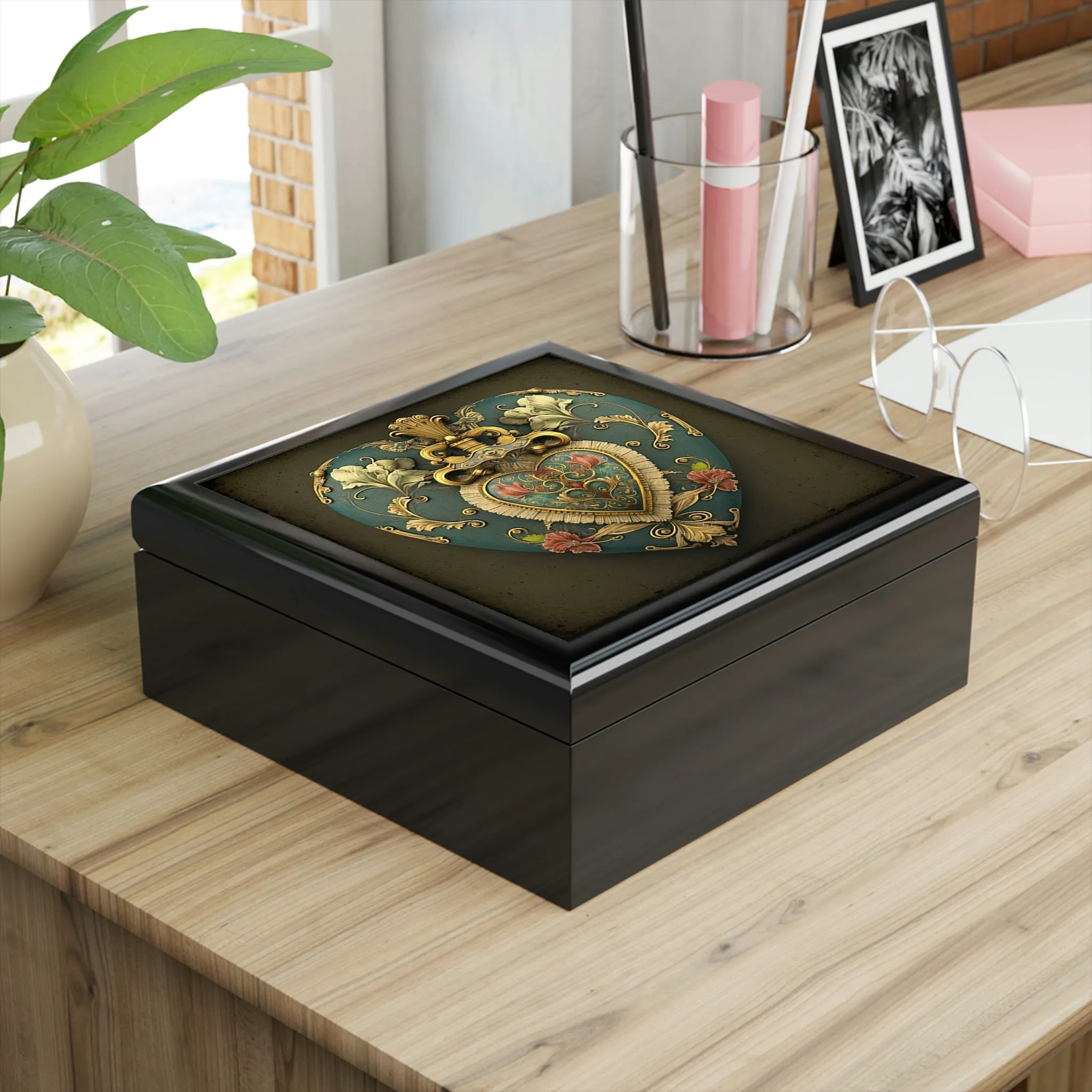 Royal Antique Heirloom Heart Wood Keepsake Jewelry Box with Ceramic Tile Cover