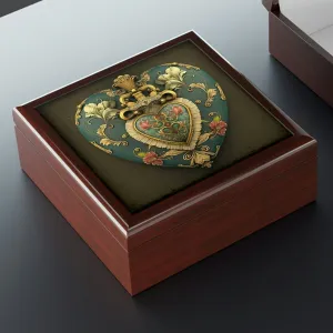 Royal Antique Heirloom Heart Wood Keepsake Jewelry Box with Ceramic Tile Cover