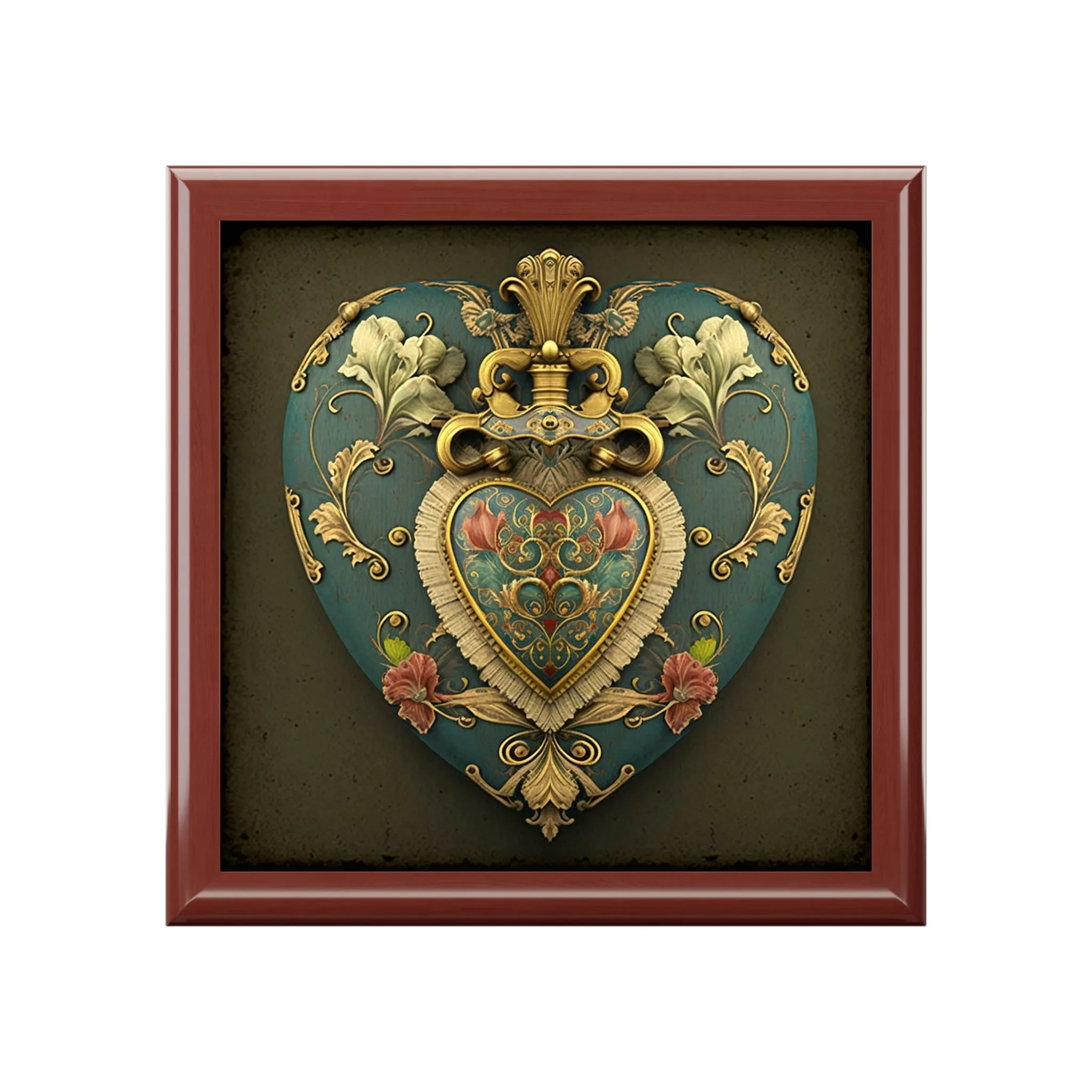 Royal Antique Heirloom Heart Wood Keepsake Jewelry Box with Ceramic Tile Cover