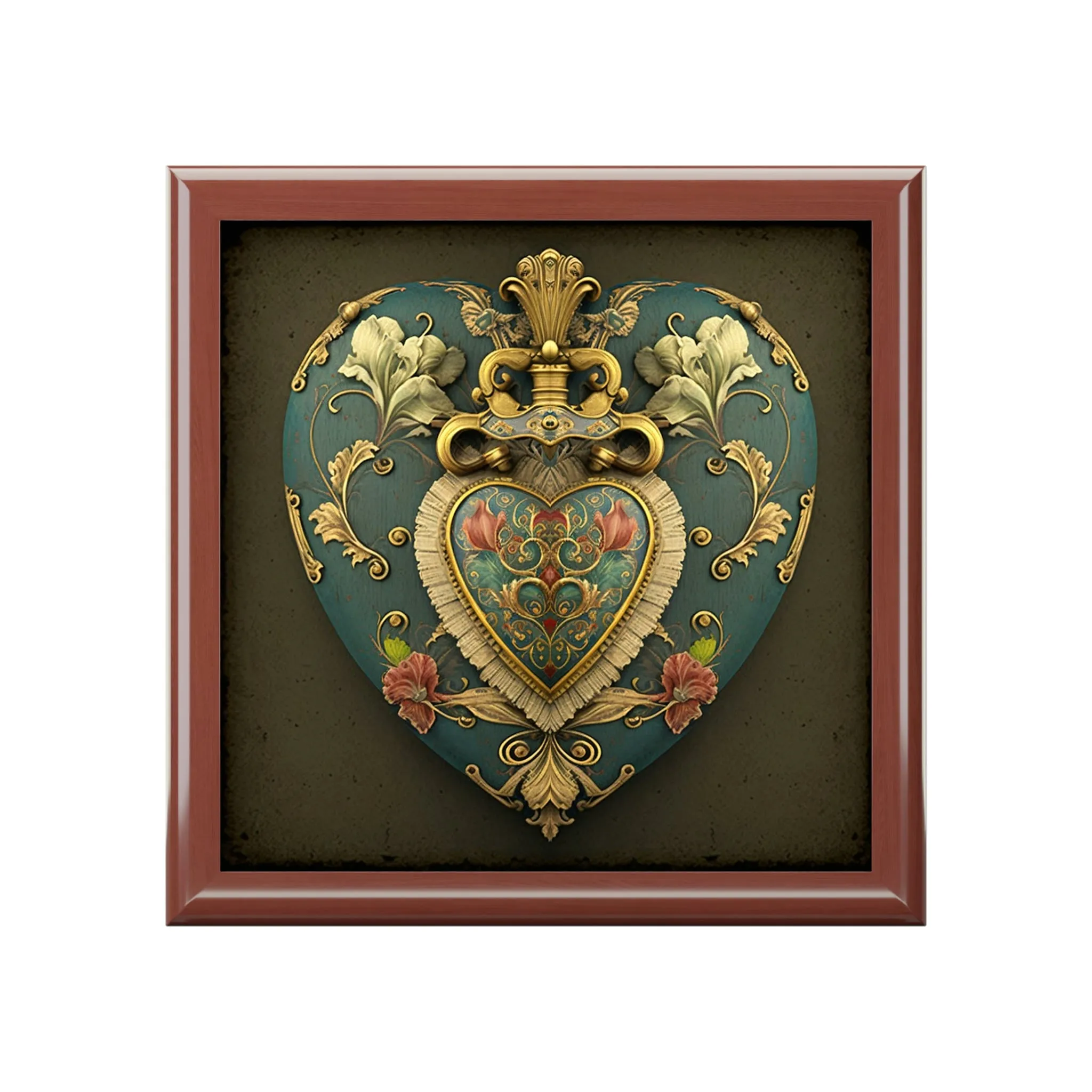 Royal Antique Heirloom Heart Wood Keepsake Jewelry Box with Ceramic Tile Cover