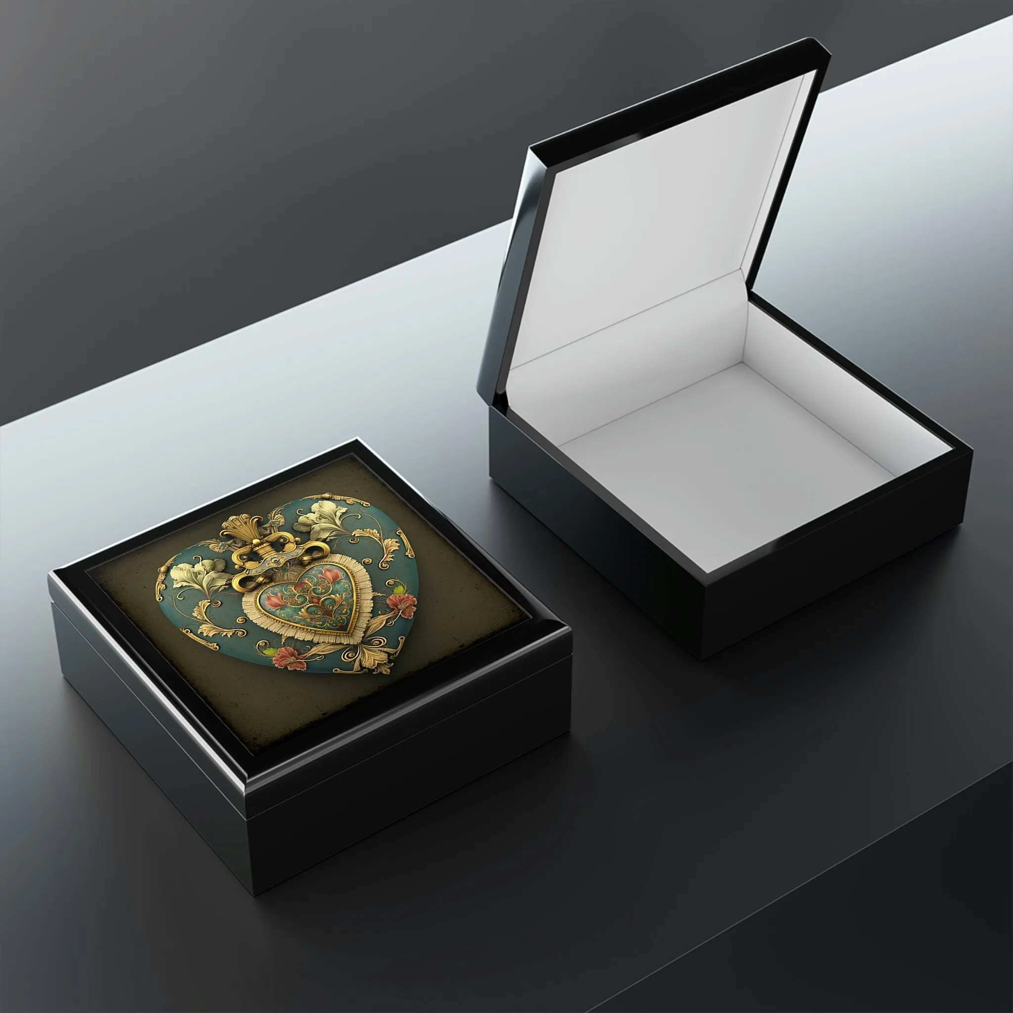 Royal Antique Heirloom Heart Wood Keepsake Jewelry Box with Ceramic Tile Cover