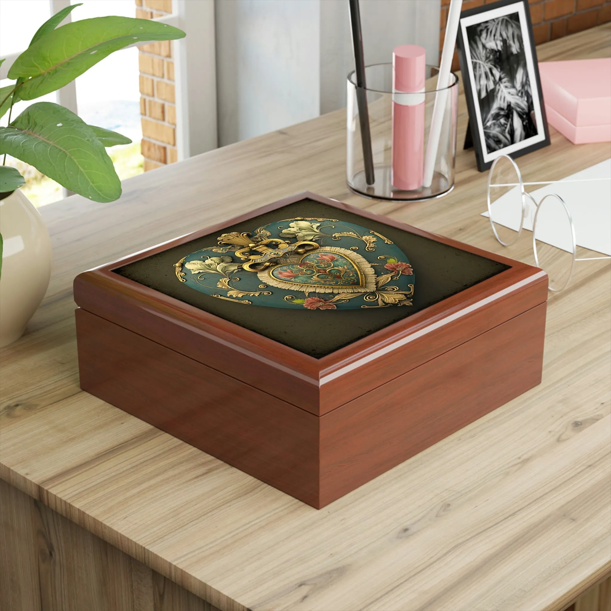 Royal Antique Heirloom Heart Wood Keepsake Jewelry Box with Ceramic Tile Cover