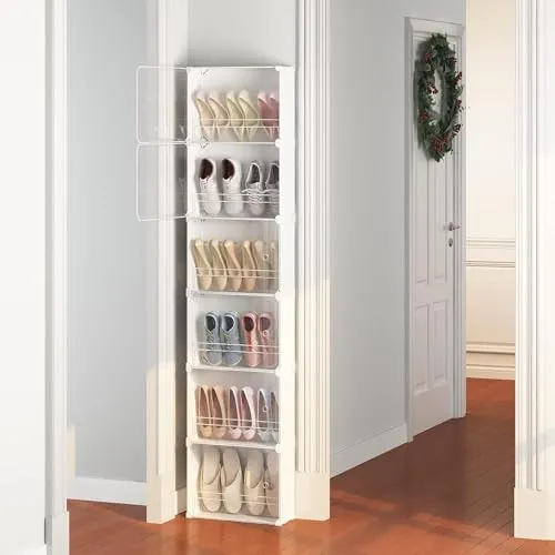 SNKR ESSENTIALS Shoe Cabinet Slim 6 Tier Shoe Organizer Cabinet Shoe Rack for Entryway Stackable Free Standing Shoe Racks with Doors Shoe Box for Closet, Hallway, Living Room (White)