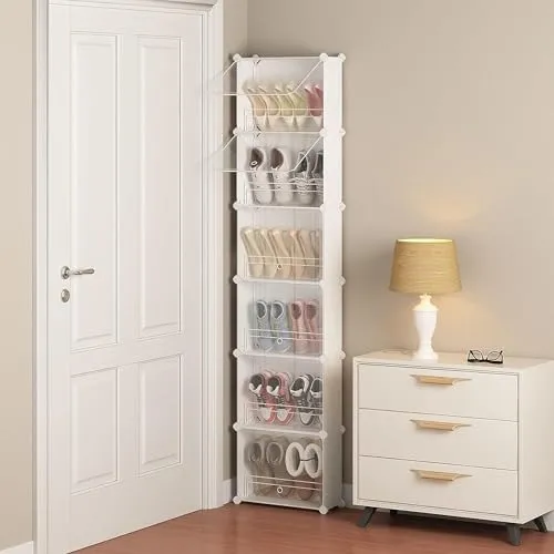 SNKR ESSENTIALS Shoe Cabinet Slim 6 Tier Shoe Organizer Cabinet Shoe Rack for Entryway Stackable Free Standing Shoe Racks with Doors Shoe Box for Closet, Hallway, Living Room (White)