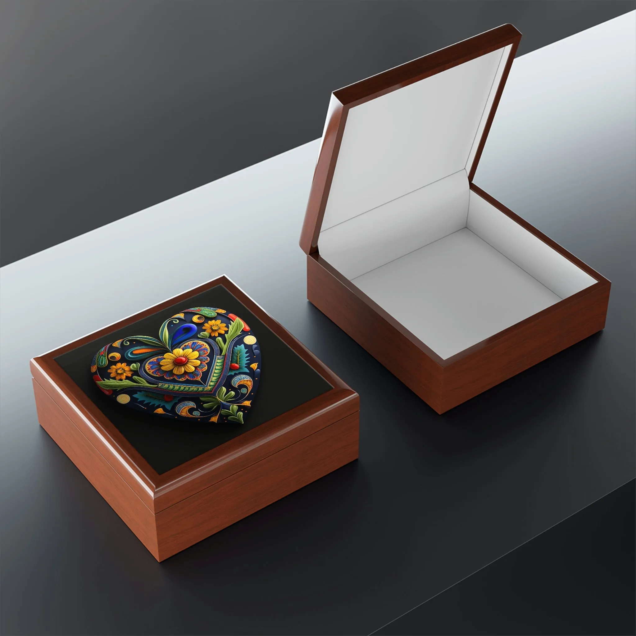 Talevera Heart Wood Keepsake Jewelry Box with Ceramic Tile Cover