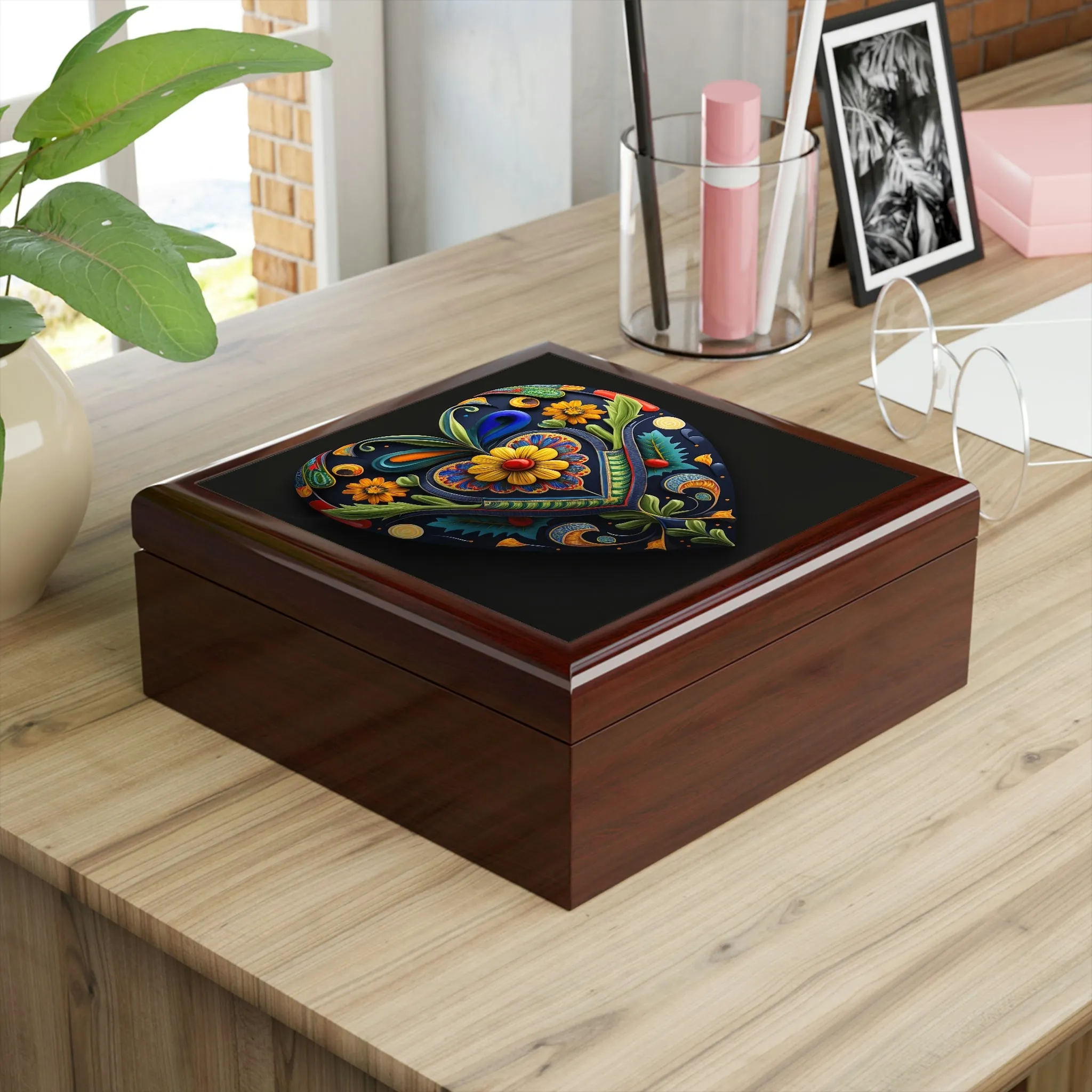 Talevera Heart Wood Keepsake Jewelry Box with Ceramic Tile Cover