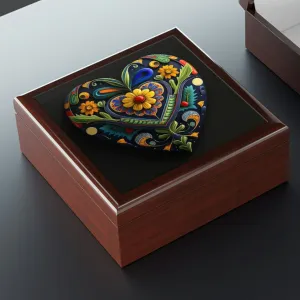 Talevera Heart Wood Keepsake Jewelry Box with Ceramic Tile Cover