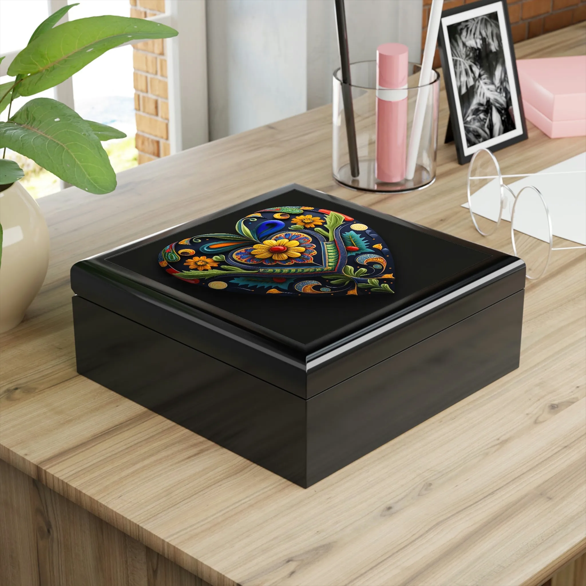 Talevera Heart Wood Keepsake Jewelry Box with Ceramic Tile Cover