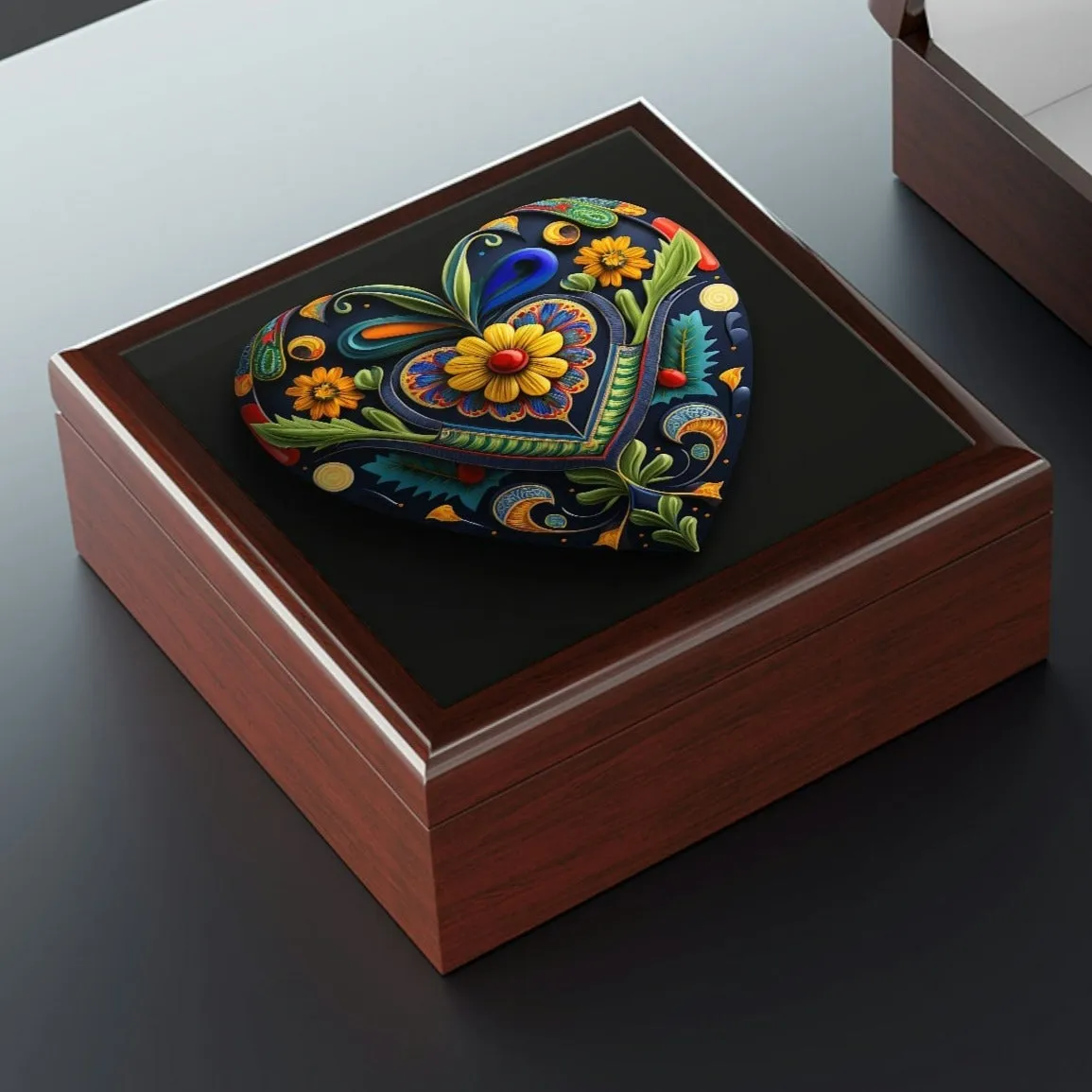 Talevera Heart Wood Keepsake Jewelry Box with Ceramic Tile Cover