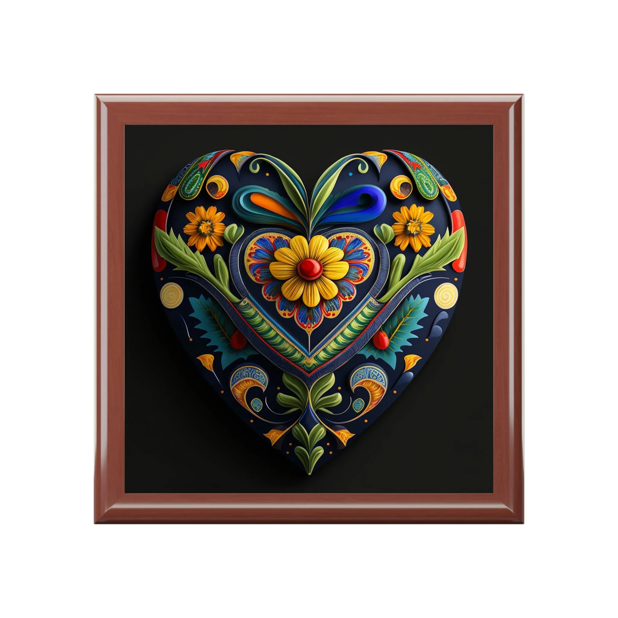 Talevera Heart Wood Keepsake Jewelry Box with Ceramic Tile Cover