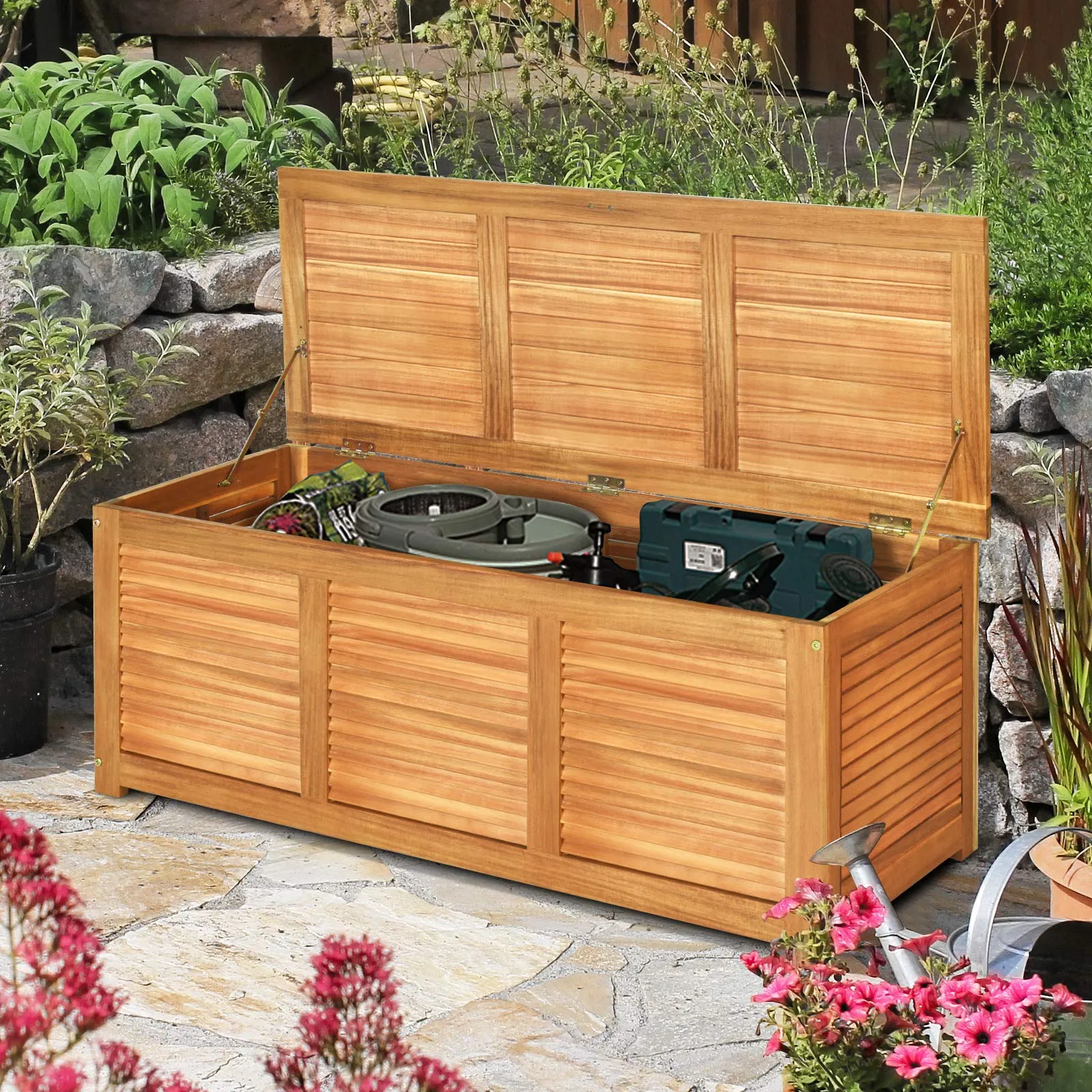 Tangkula 47 Gallon Acacia Wood Deck Box, Garden Backyard Storage Bench(Natural)