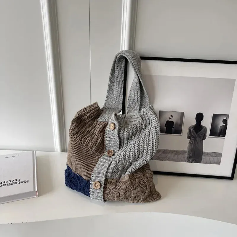 UAKISS  -   Autumn and Winter New Contrast Color Knitted Bag Women's Commuter Handbag Fashion Large Capacity One Shoulder Bag