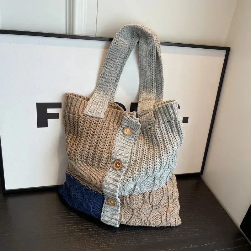 UAKISS  -   Autumn and Winter New Contrast Color Knitted Bag Women's Commuter Handbag Fashion Large Capacity One Shoulder Bag