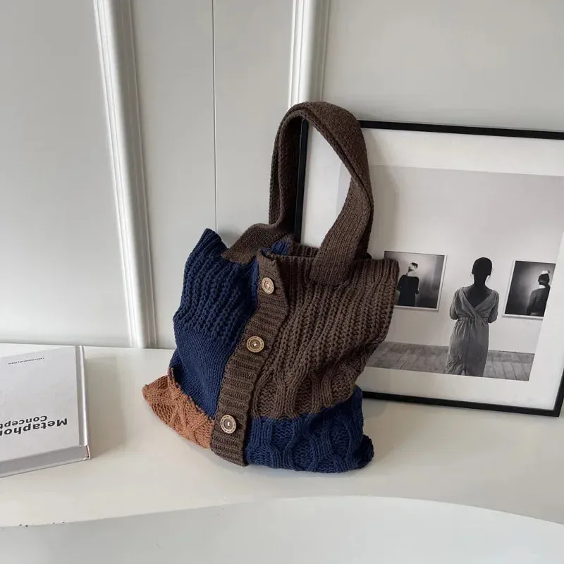 UAKISS  -   Autumn and Winter New Contrast Color Knitted Bag Women's Commuter Handbag Fashion Large Capacity One Shoulder Bag