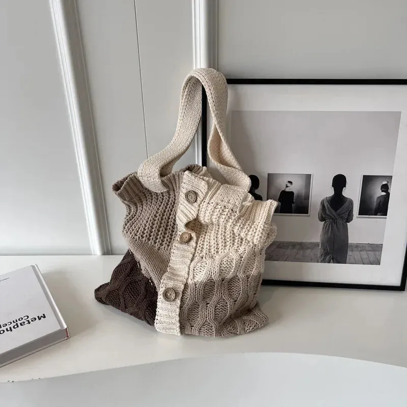 UAKISS  -   Autumn and Winter New Contrast Color Knitted Bag Women's Commuter Handbag Fashion Large Capacity One Shoulder Bag