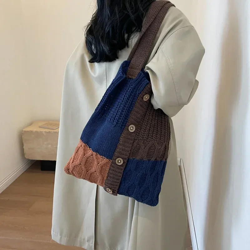 UAKISS  -   Autumn and Winter New Contrast Color Knitted Bag Women's Commuter Handbag Fashion Large Capacity One Shoulder Bag