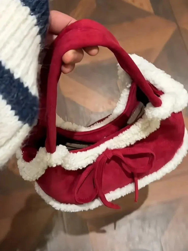 UAKISS  -  Autumn Winter New Bow Lamb Wool Tote Bag Wine Red Plush Single Shoulder Handbag