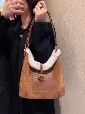 UAKISS  -   Autumn Winter Suede Single Shoulder Tote Bag for Women 2024 New Large Capacity Retro Splicing Commuter Underarm Bags