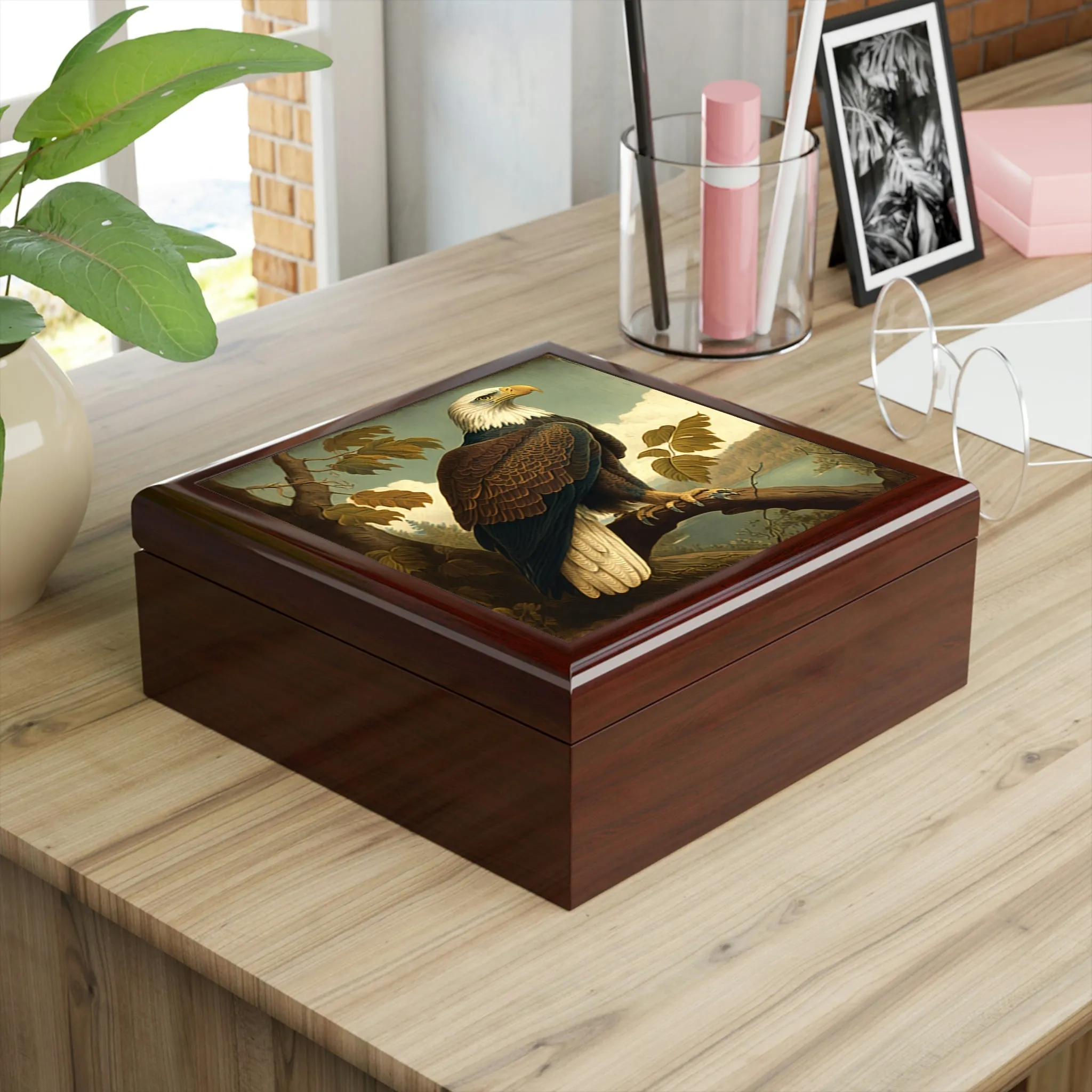 Vintage Bald Eagle Wooden Keepsake Jewelry Box