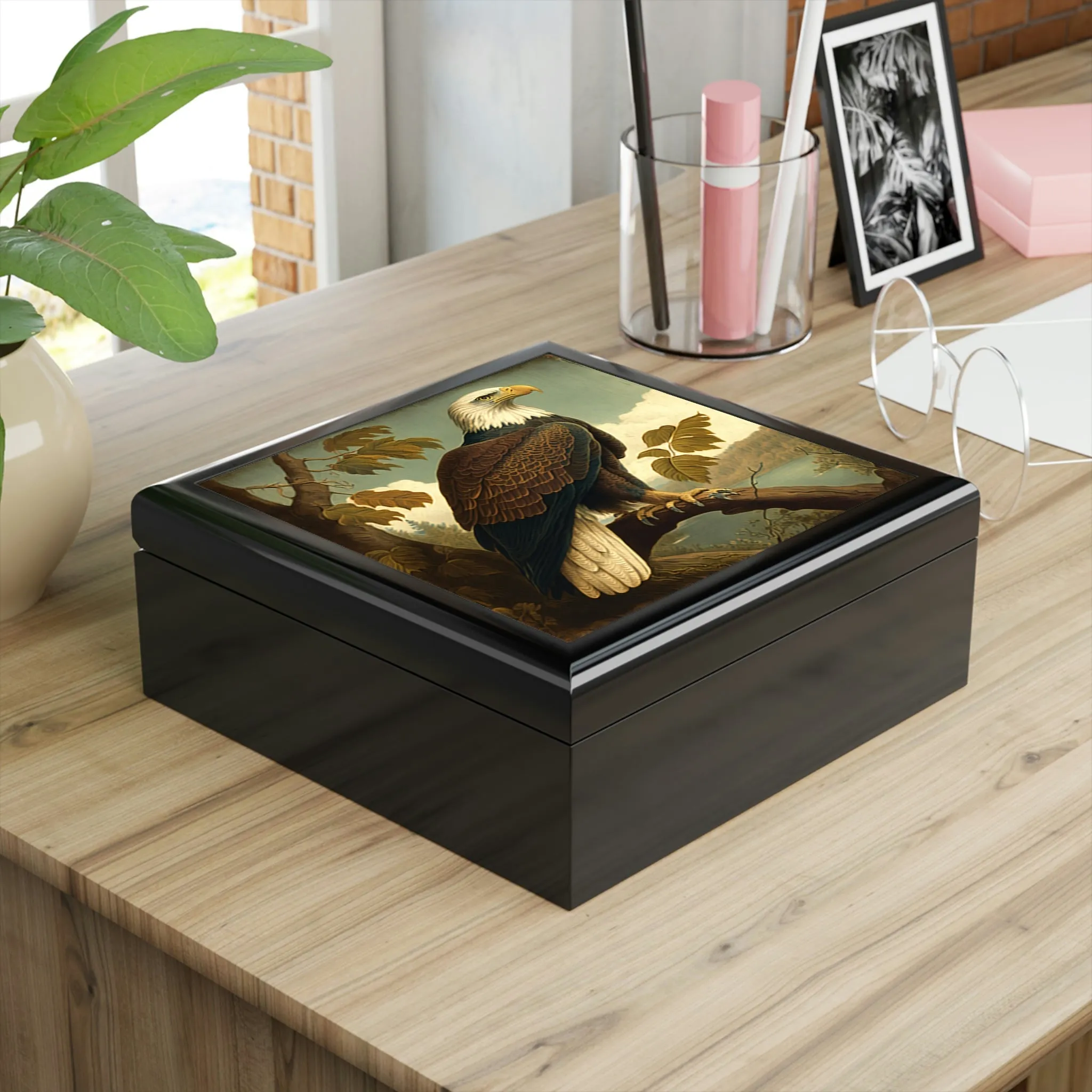 Vintage Bald Eagle Wooden Keepsake Jewelry Box