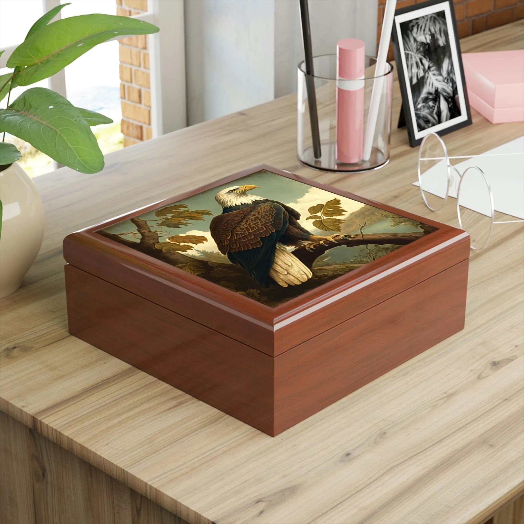 Vintage Bald Eagle Wooden Keepsake Jewelry Box