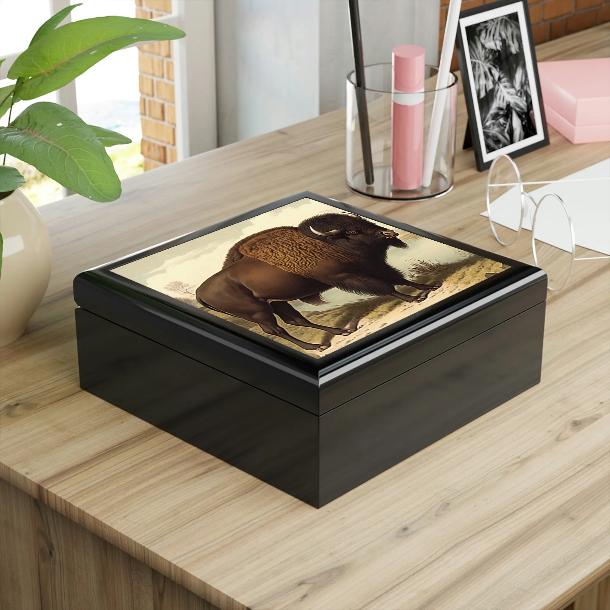 Vintage Bison Wooden Keepsake Jewelry Box