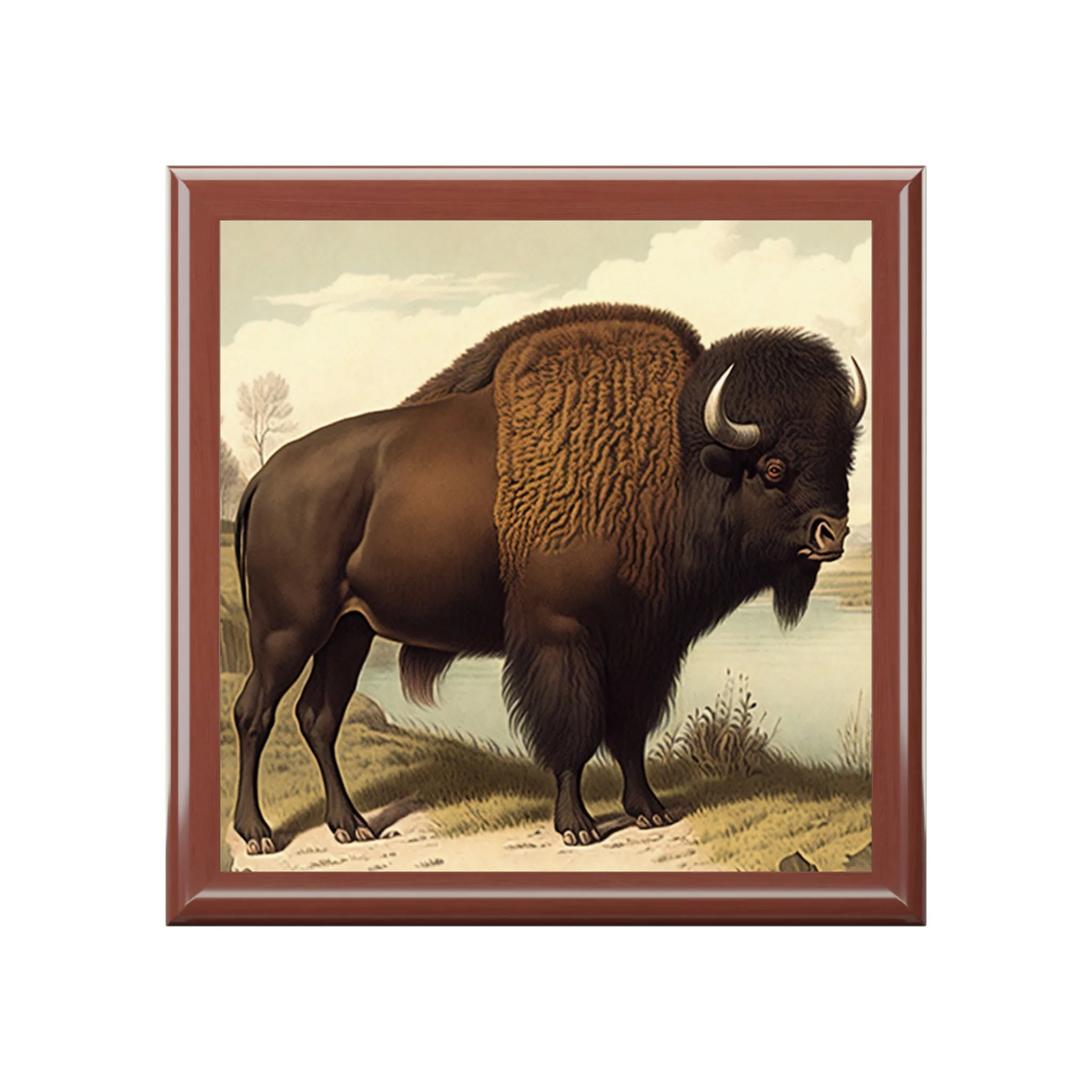Vintage Bison Wooden Keepsake Jewelry Box