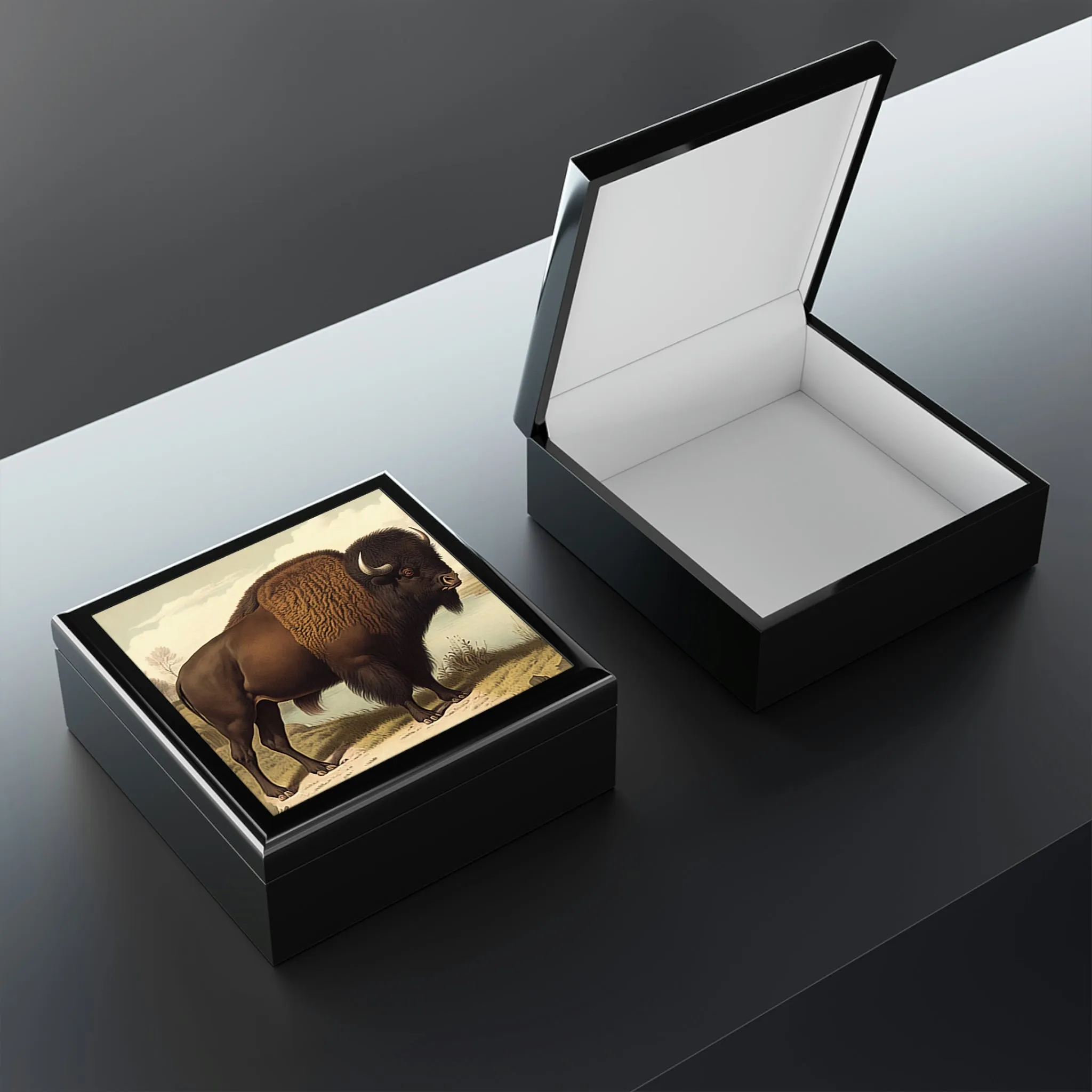 Vintage Bison Wooden Keepsake Jewelry Box