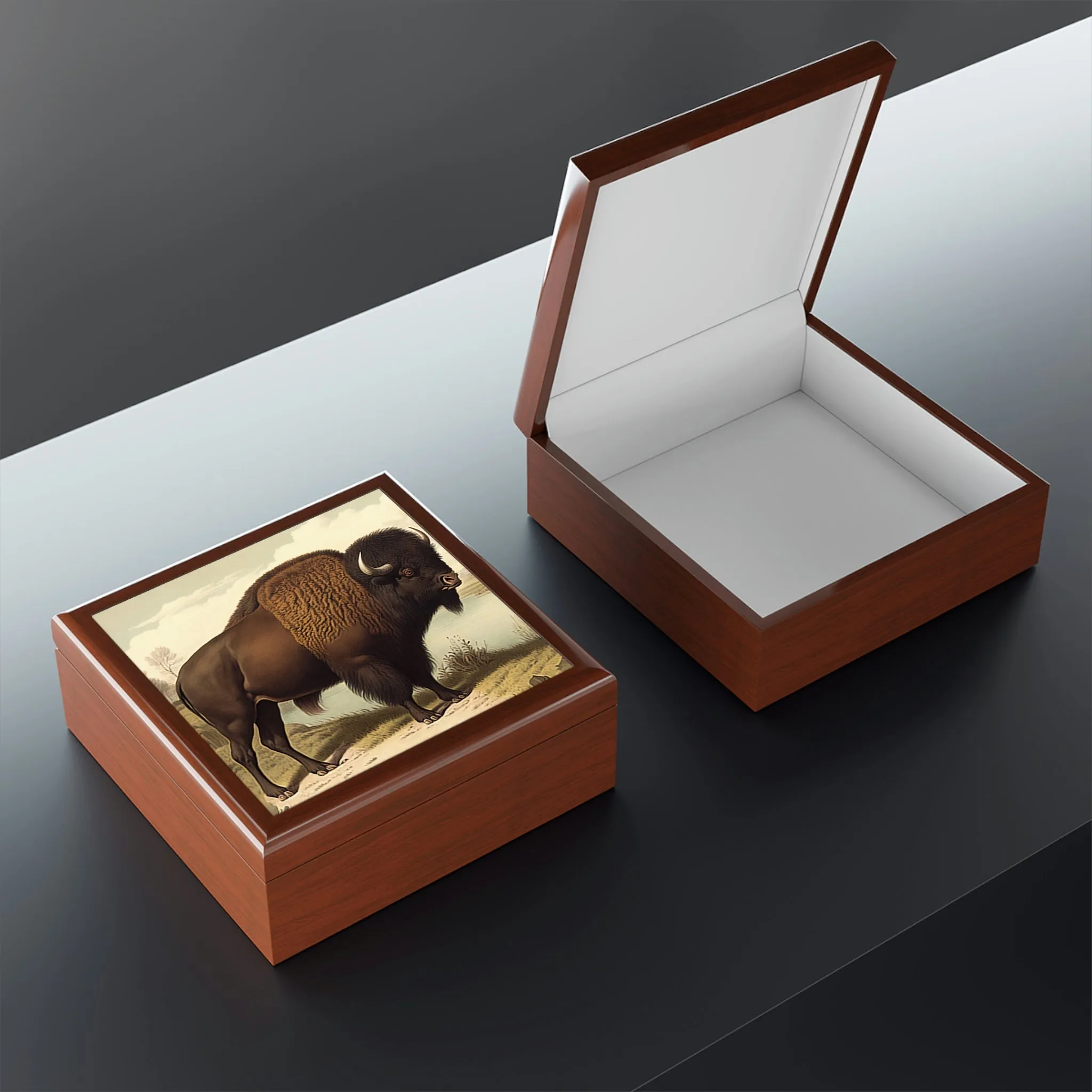 Vintage Bison Wooden Keepsake Jewelry Box