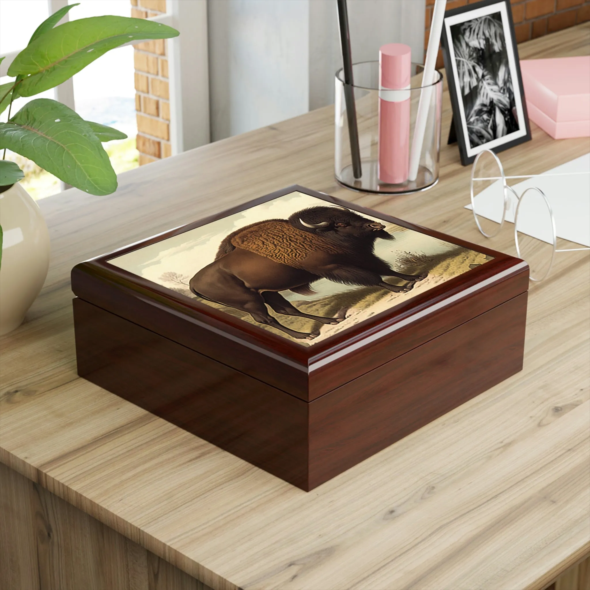 Vintage Bison Wooden Keepsake Jewelry Box