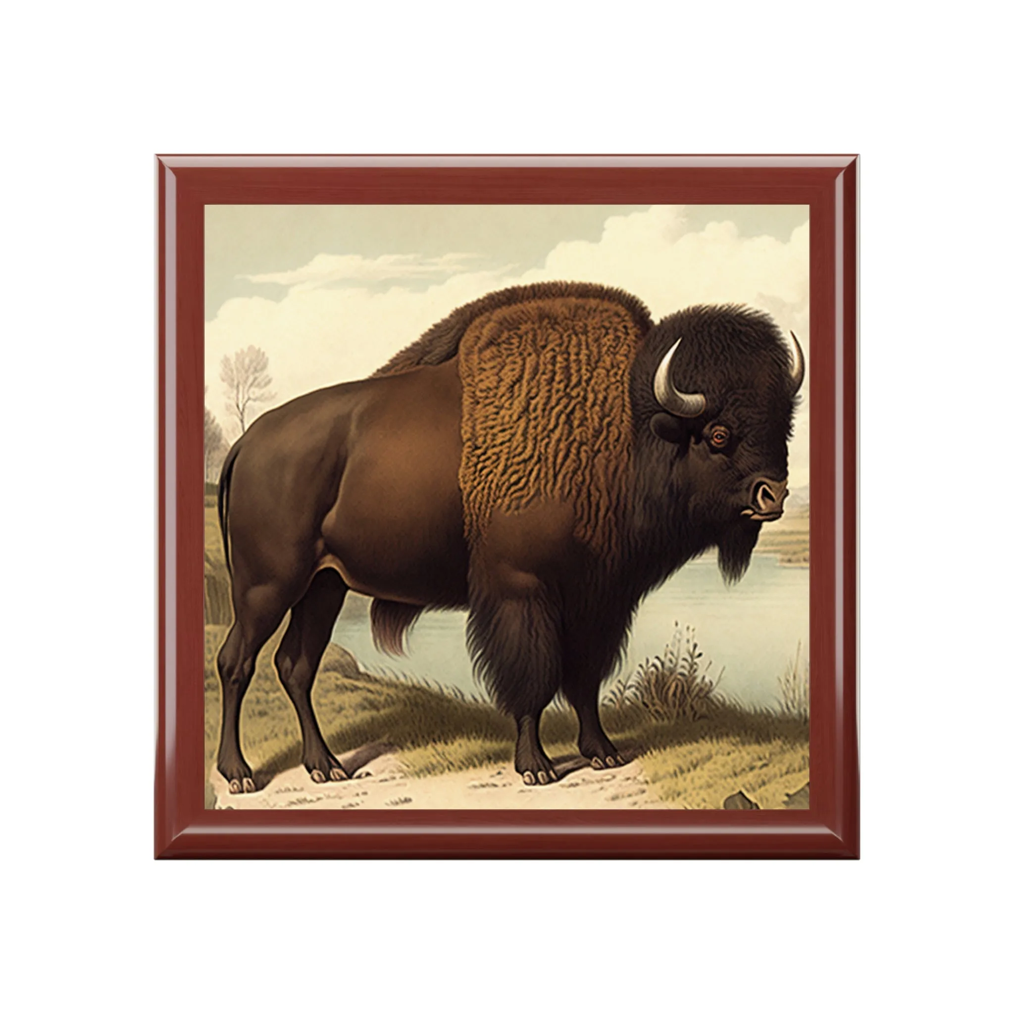 Vintage Bison Wooden Keepsake Jewelry Box