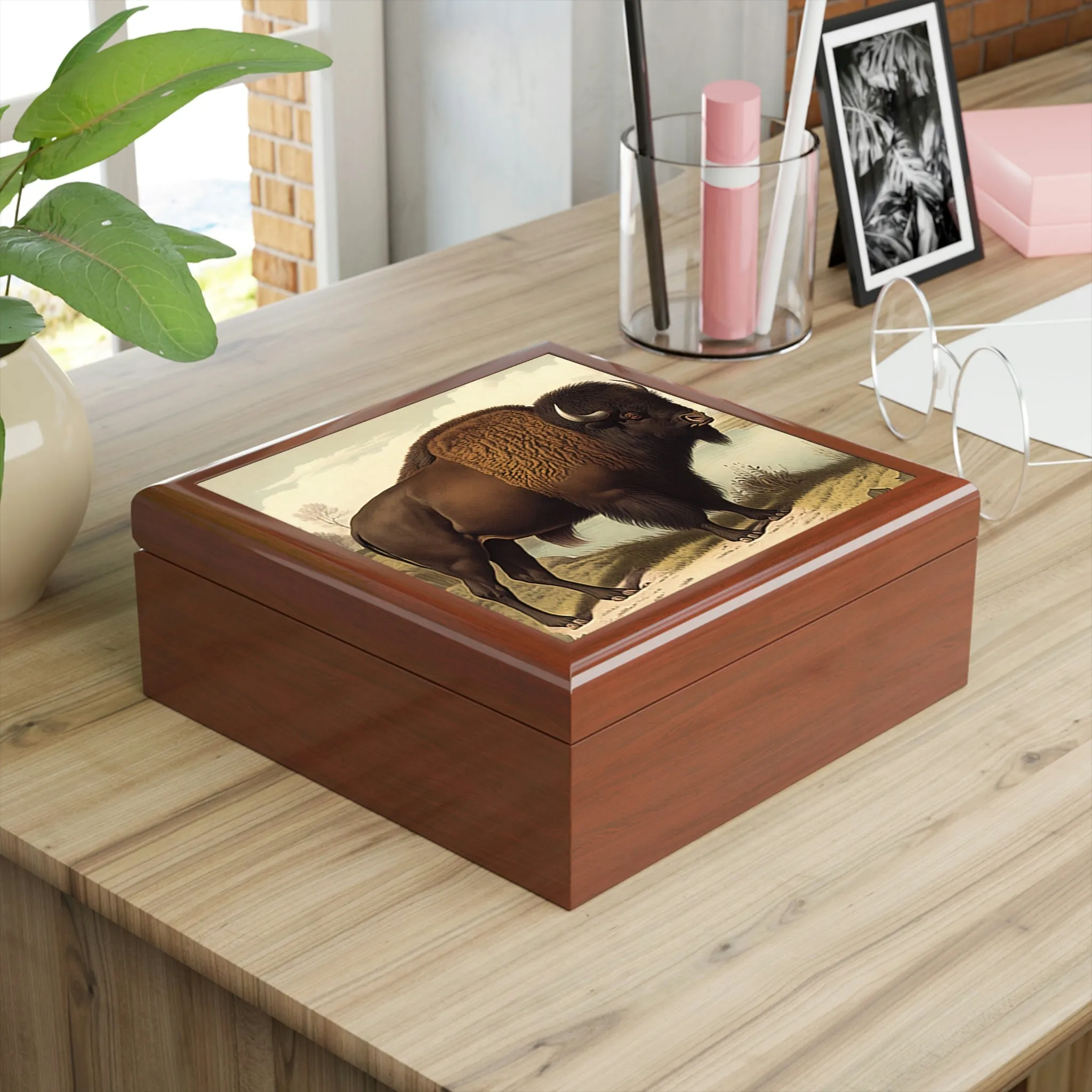Vintage Bison Wooden Keepsake Jewelry Box