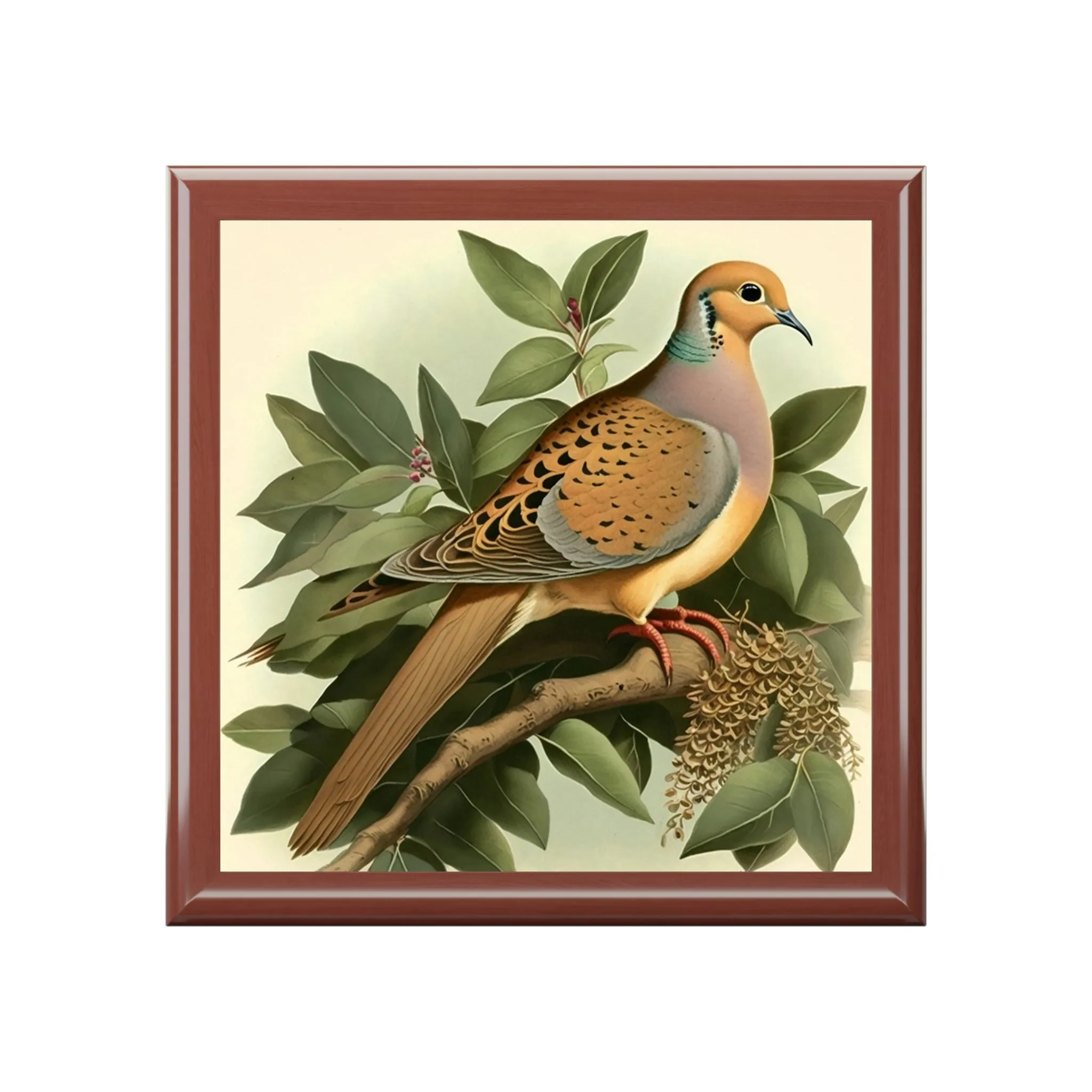Vintage Dove Wood Keepsake Jewelry Box with Ceramic Tile Cover
