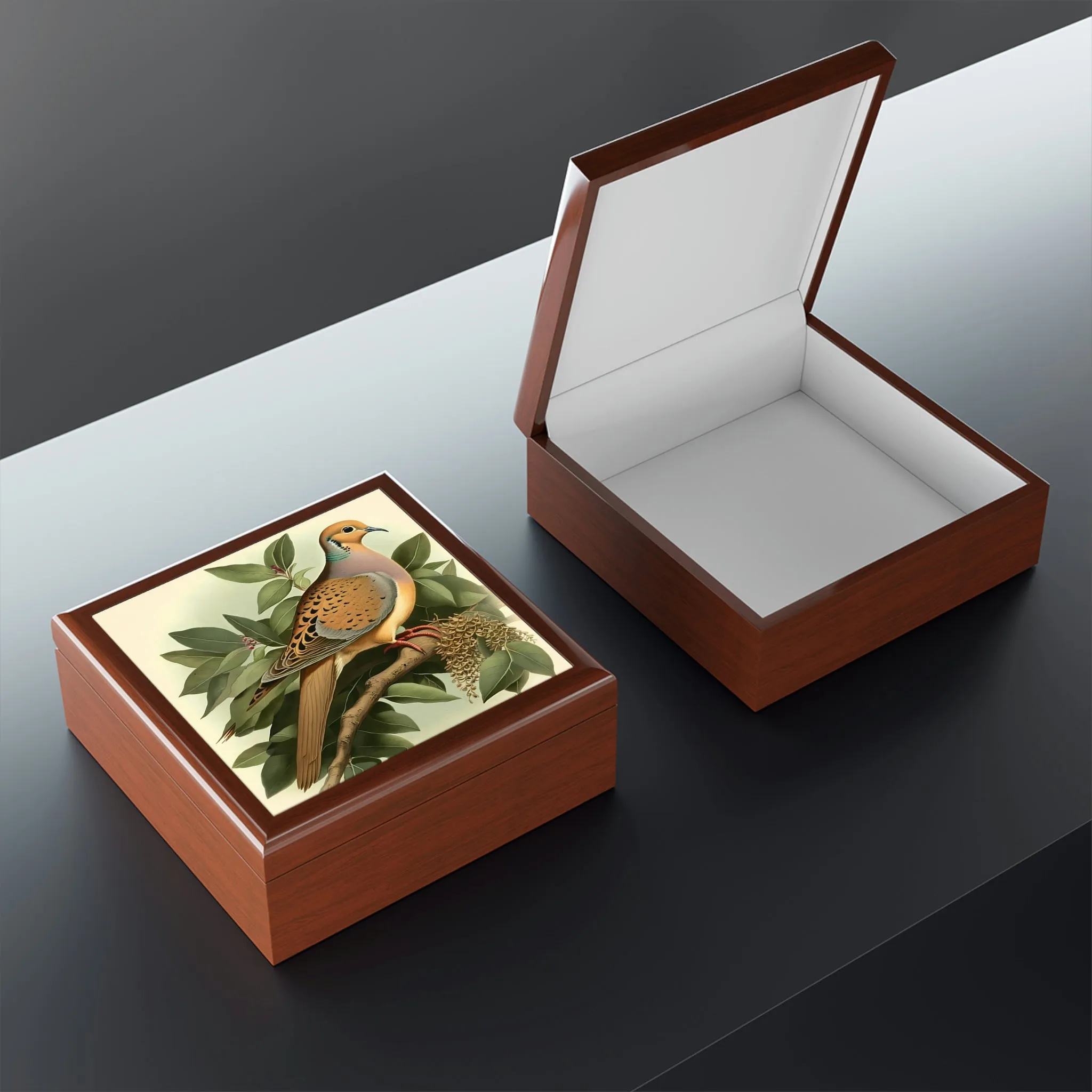 Vintage Dove Wood Keepsake Jewelry Box with Ceramic Tile Cover