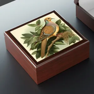 Vintage Dove Wood Keepsake Jewelry Box with Ceramic Tile Cover